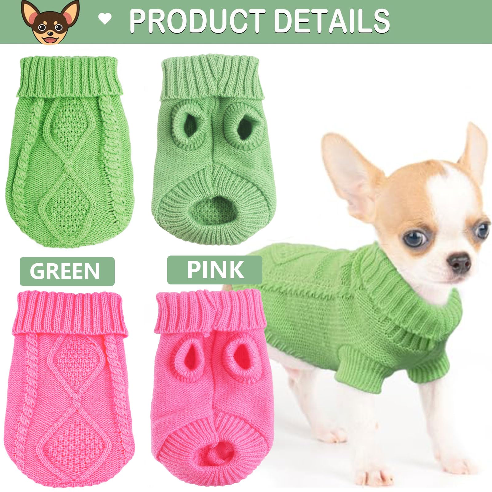 2 Pieces Chihuahua Clothes Dog Clothes For Small Dogs Girl Dog Sweaters For Small Dogs Cute Puppy Cat Clothes Turtleneck Thick Warm Clothes For Yorkie Cat Extra Small Dog Clothes (Xx-Smal)