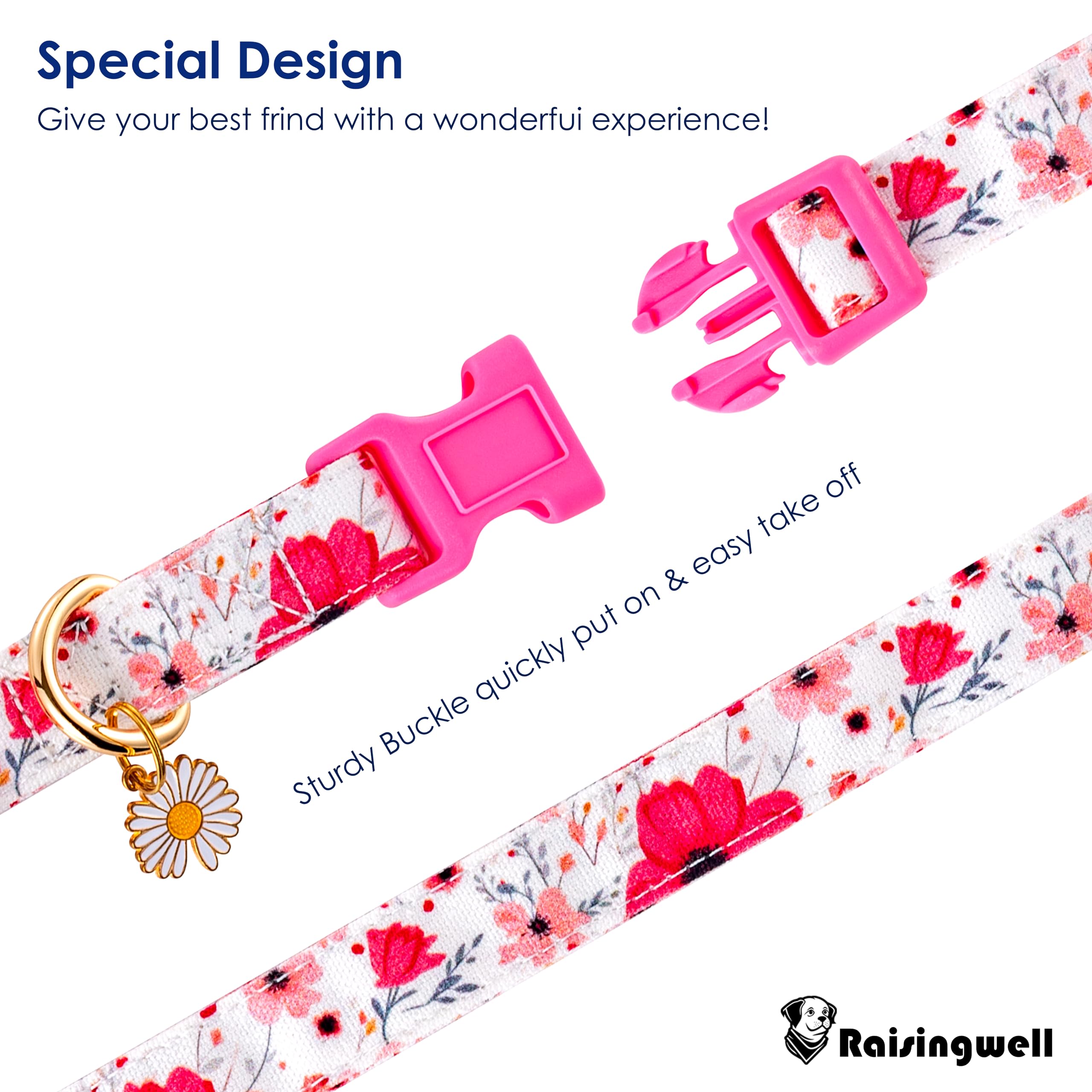 Raisingwell Cotton Dogs Collar Light Pink Flower Patterns For Boys And Girls Cute Dog Collars Summer Fall Gift Adjustable For Me