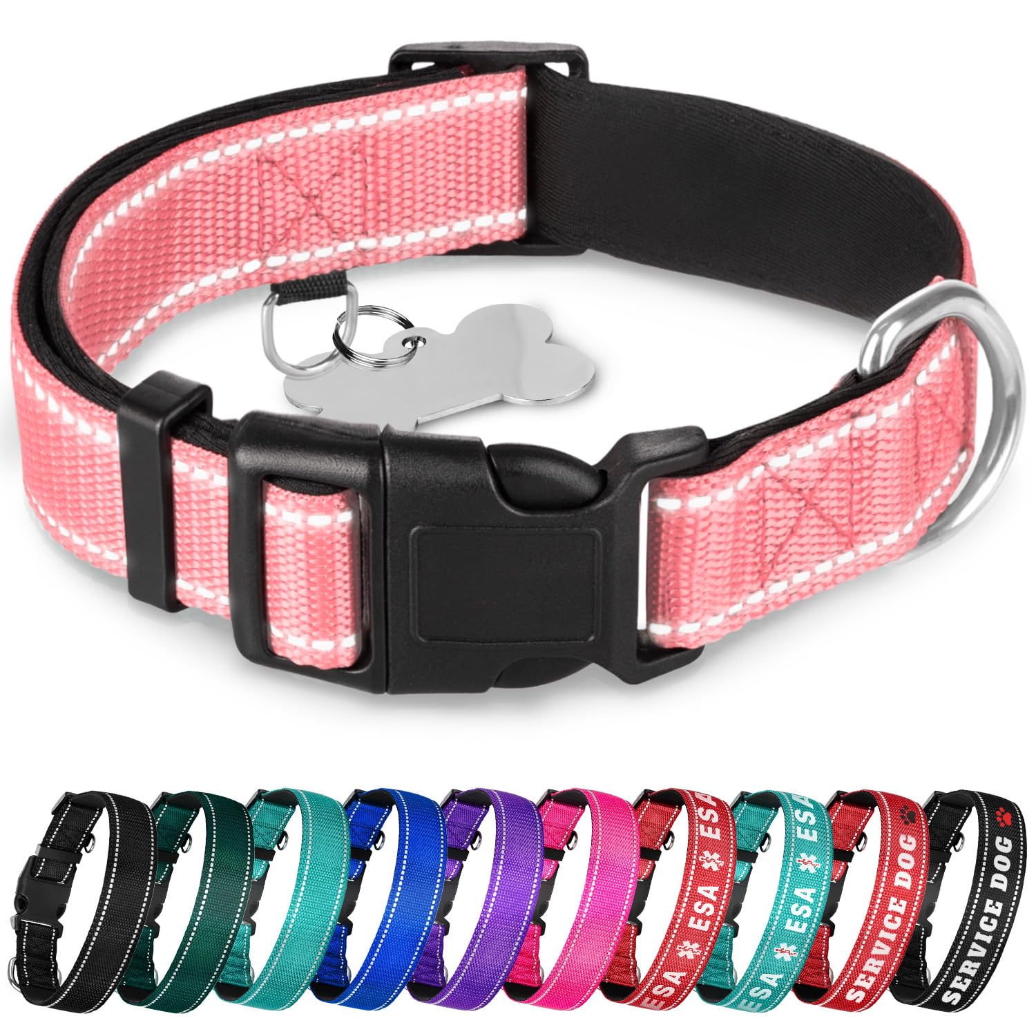 Teceum Reflective Pet Collar - Pink - Xl - Extra Soft Padding - Basic Nylon Dog Collar - Quick Release Buckle - Fits Small, Medi