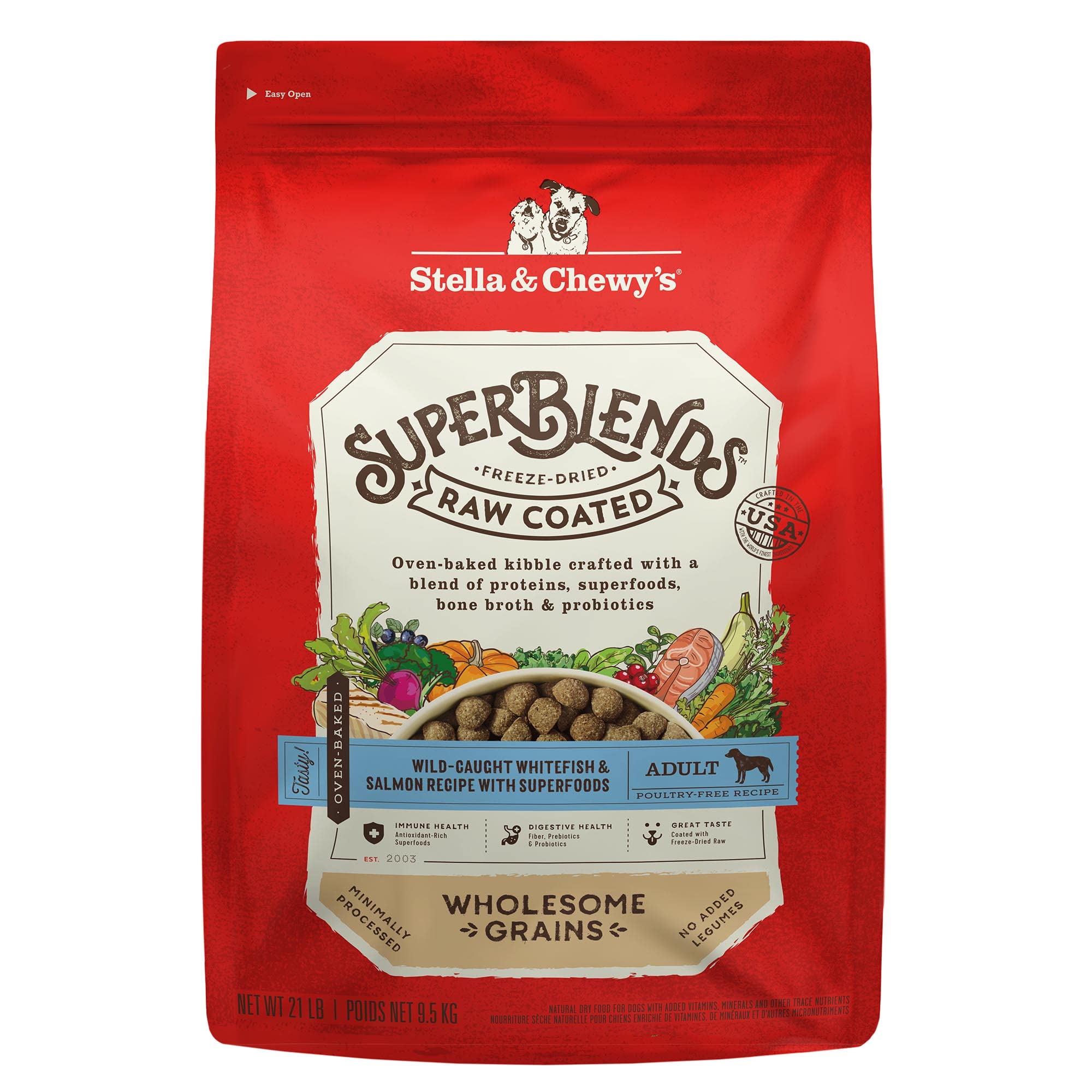 Stella & Chewys SuperBlends Raw Coated Wholesome Grains Wild-Caught Whitefish & Salmon Recipe with Superfoods, 21 lb. Bag