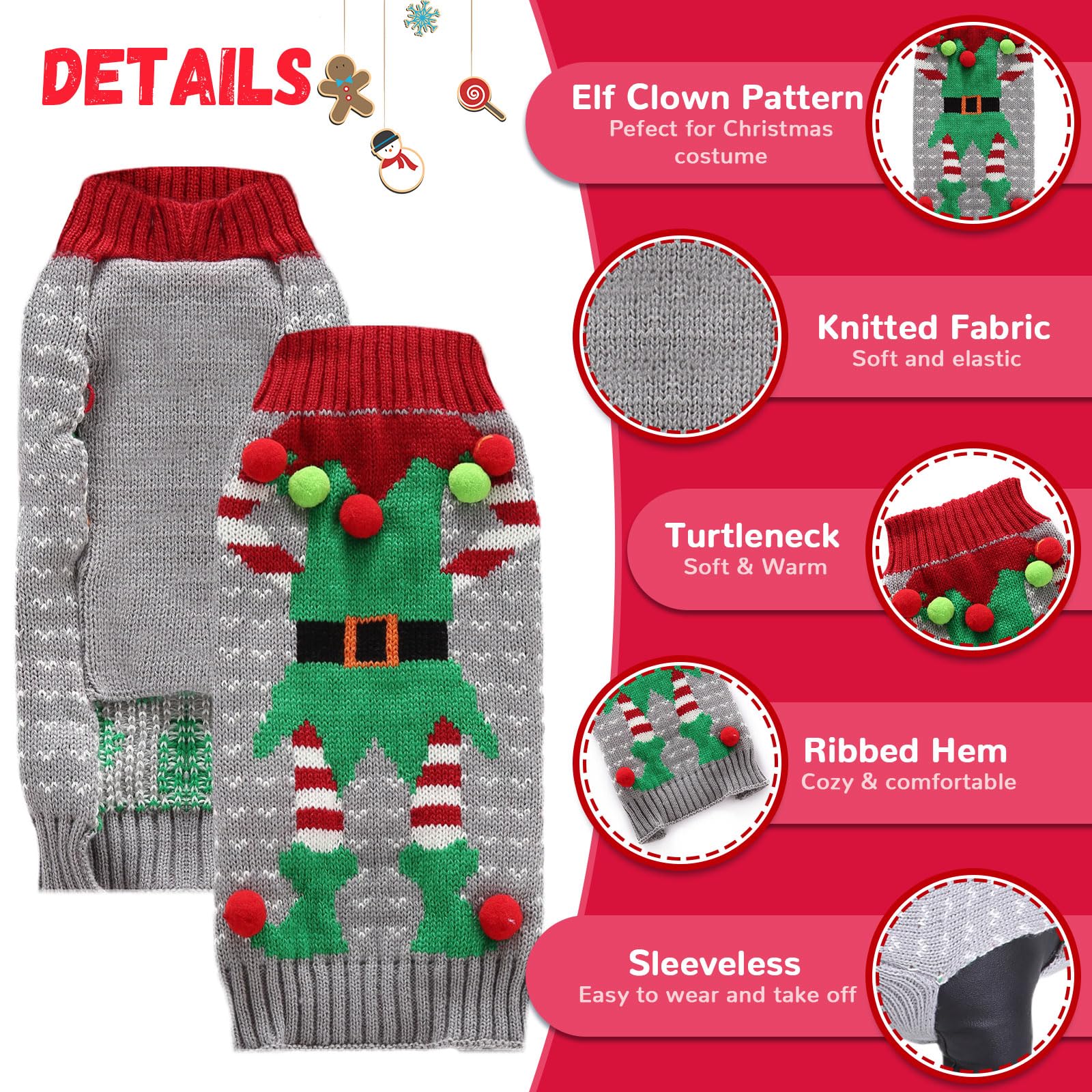 Doggyzstyle Dog Cat Ugly Christmas Sweater Boy Girl Xmas Pet Clothes Holiday Puppy Costume New Year Gifts For Small Medium Large Dogs Outfits (S, Grey Elf)