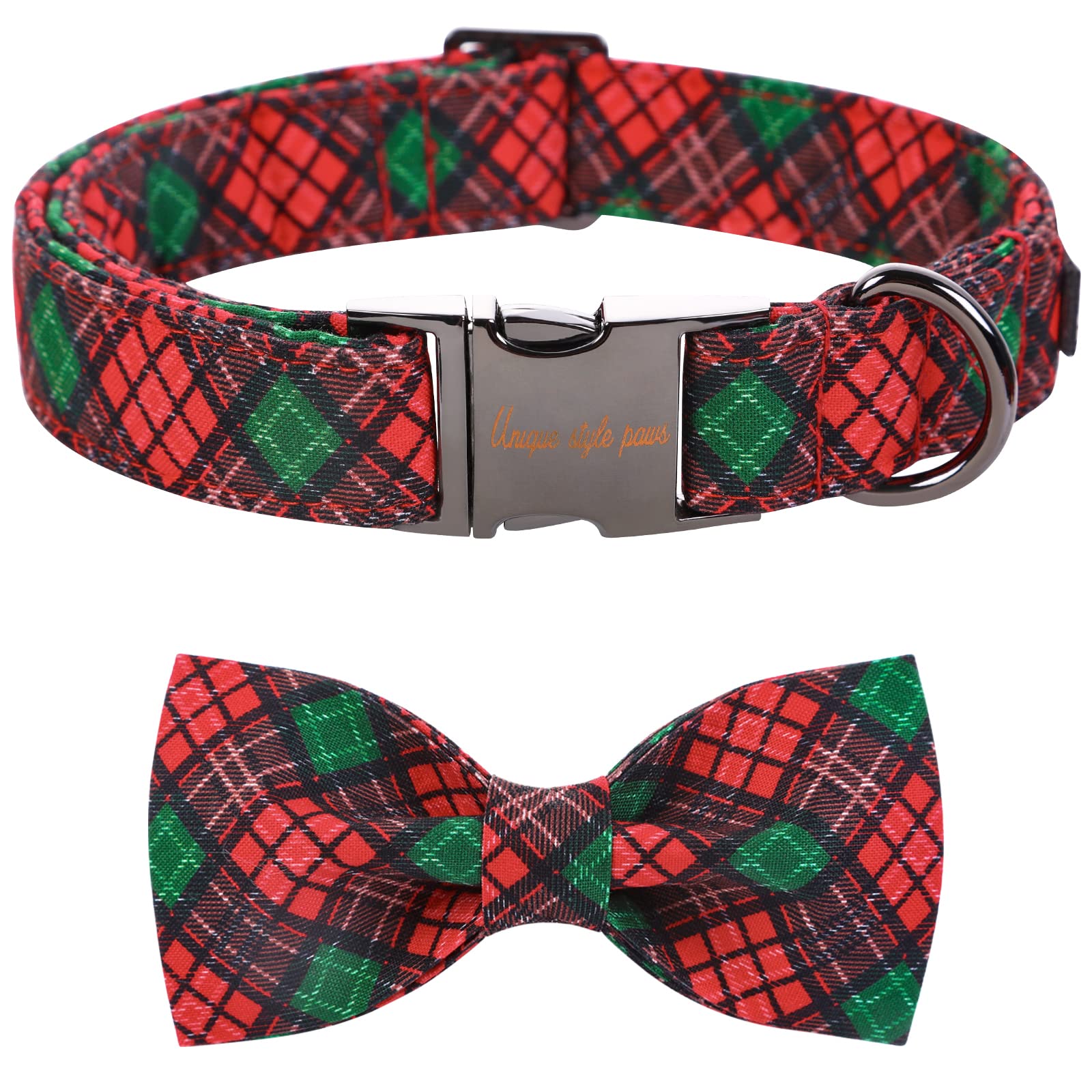 Unique Style Paws Christmas Dog Collar With Bow Tie Red Green Plaid Adjustable Cotton Puppy Collar For Small Medium Large Dogs-L