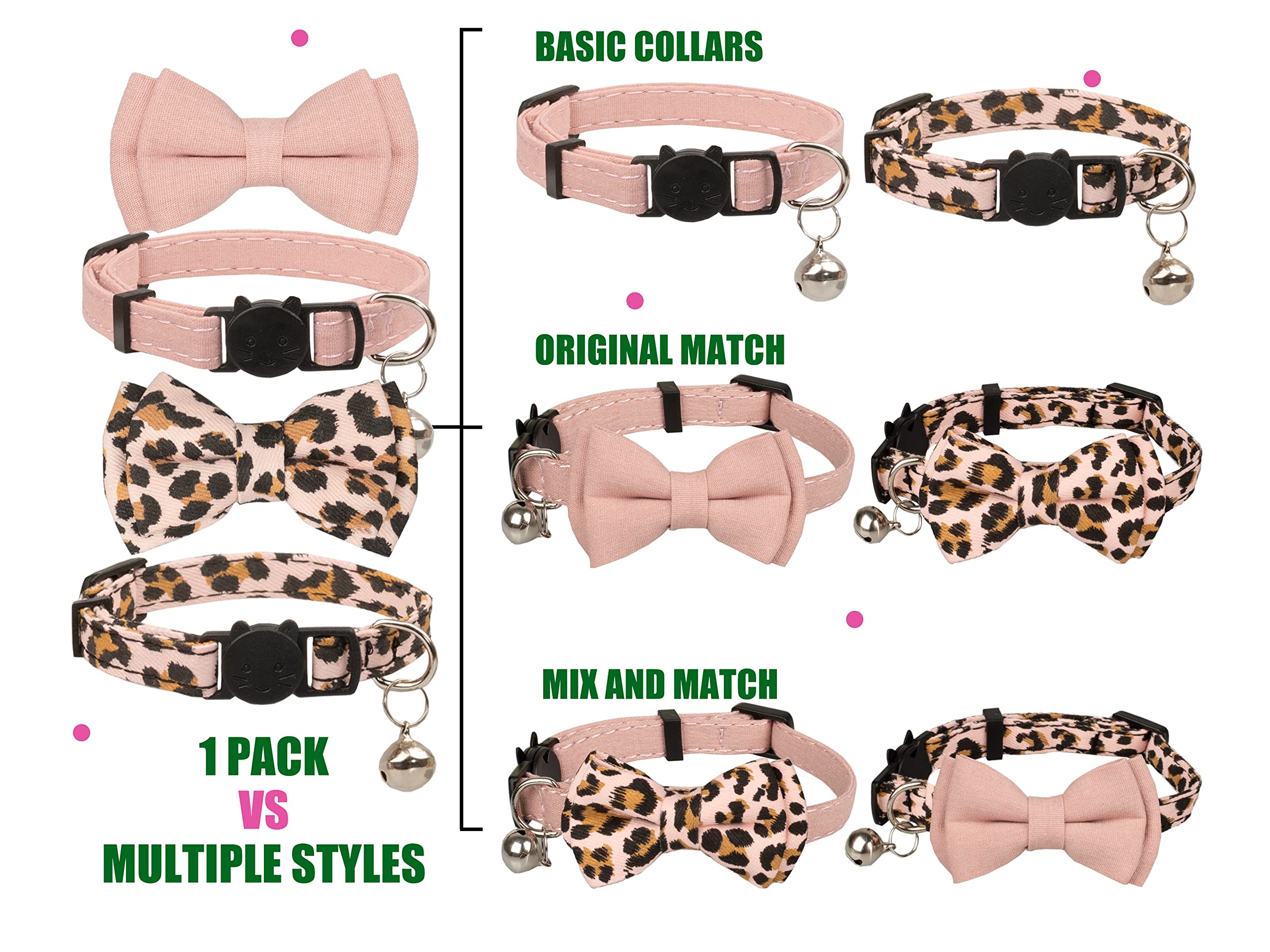 Gyapet Collar For Cats Pets Breakaway With Bell Bowtie Floral Bow Detachable Adjustable Safety Puppy 2Pcs Pink Leopard & Pure