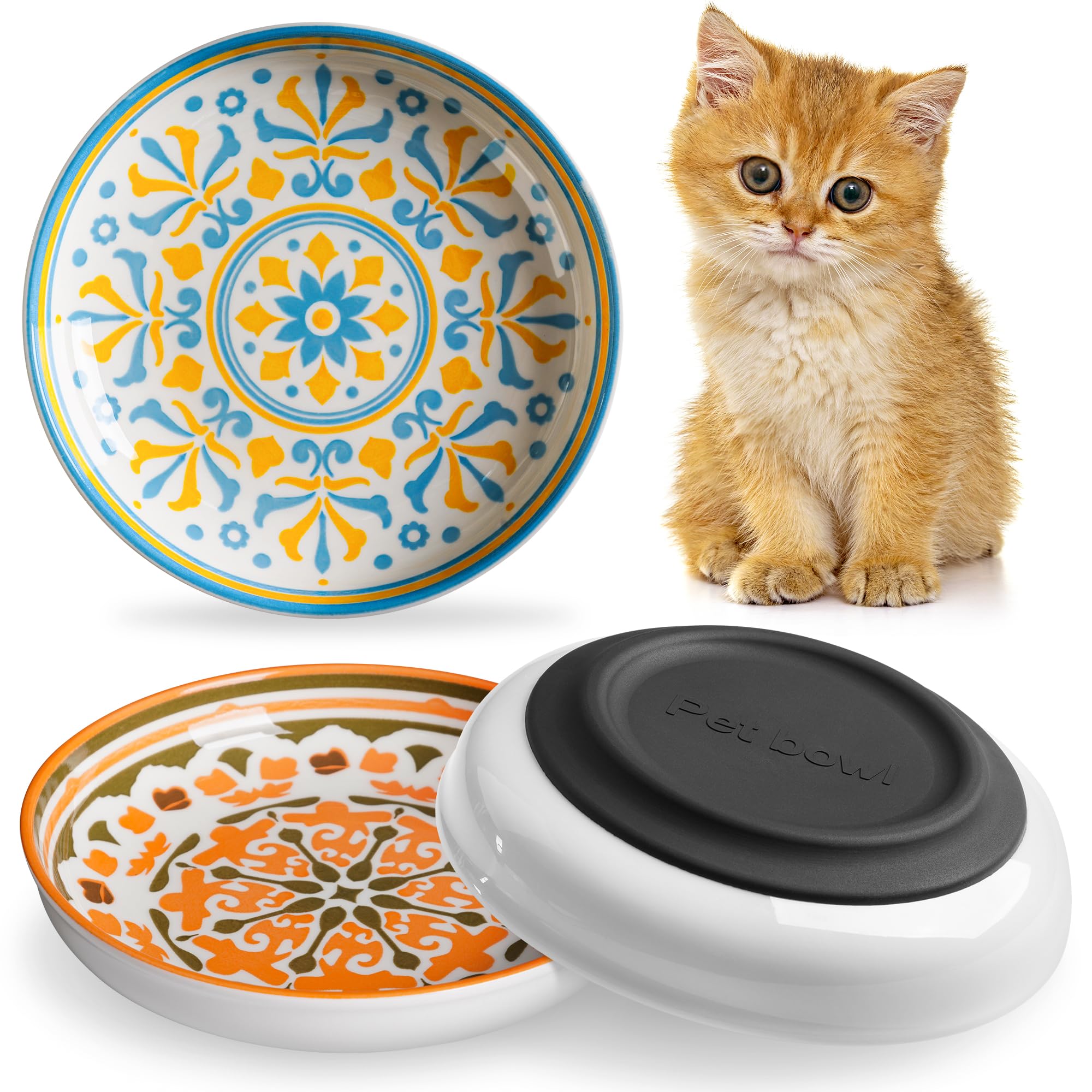 Kitwinney Non-Slip Cat Bowls, Ceramic Cat Food Bowl Set with Silicone Base, Whisker Friendly Cat Dishes for Food and Water, 3 Pa