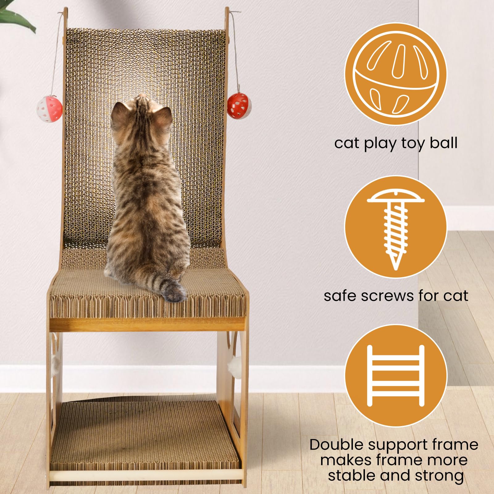 YEMOO Cat Scratcher - L Shaped Double Layer Cardboard Scratching Board with 5 Ball Toys, 25.6"x11.02"x16.54", Wood, Model YM-