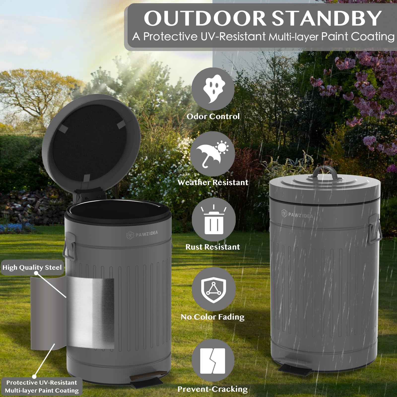 PAWZIDEA 3.1 Gallon Dog Poop Trash Can - Outdoor Odor Control, Waterproof, Grey, with Lid - Large Dog Waste Bin for Backyard