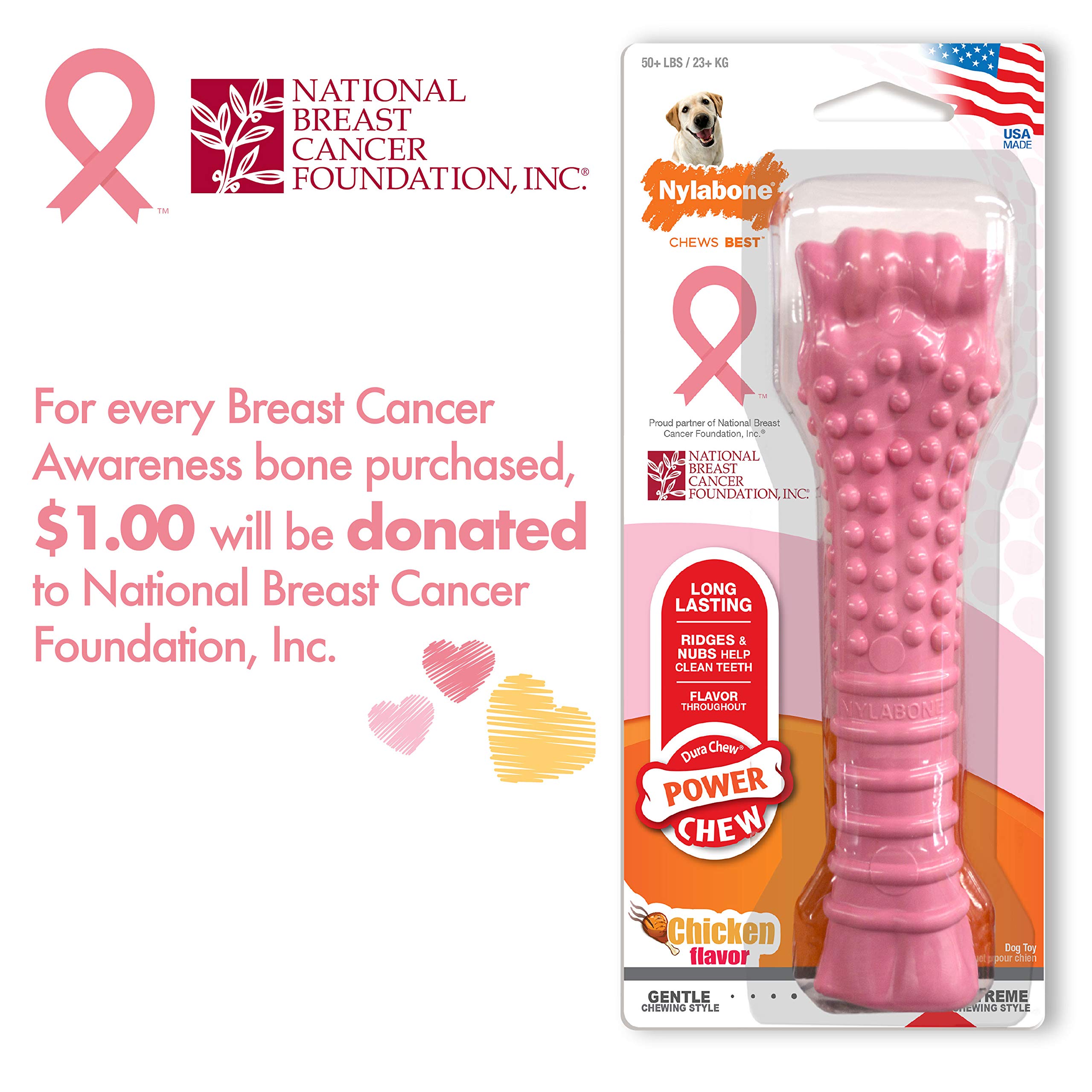 Nylabone Power Chew Breast Cancer Awareness Femur Bone Chew Toy for Dogs, Indestructible Dog Toys for Aggressive Chewers, Chicke