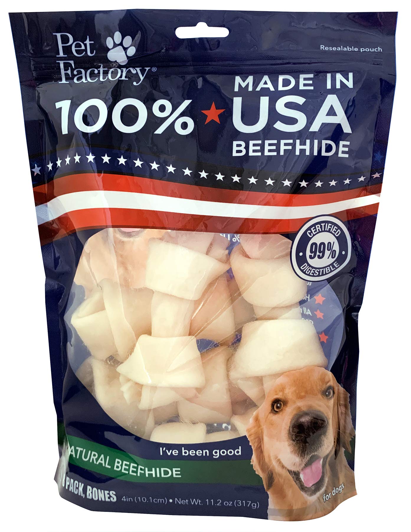 Pet Factory 100% Made in USA Beefhide 4-5 Knotted Bones Dog Chew Treats - Natural Flavor, 8 Count/1 Pack