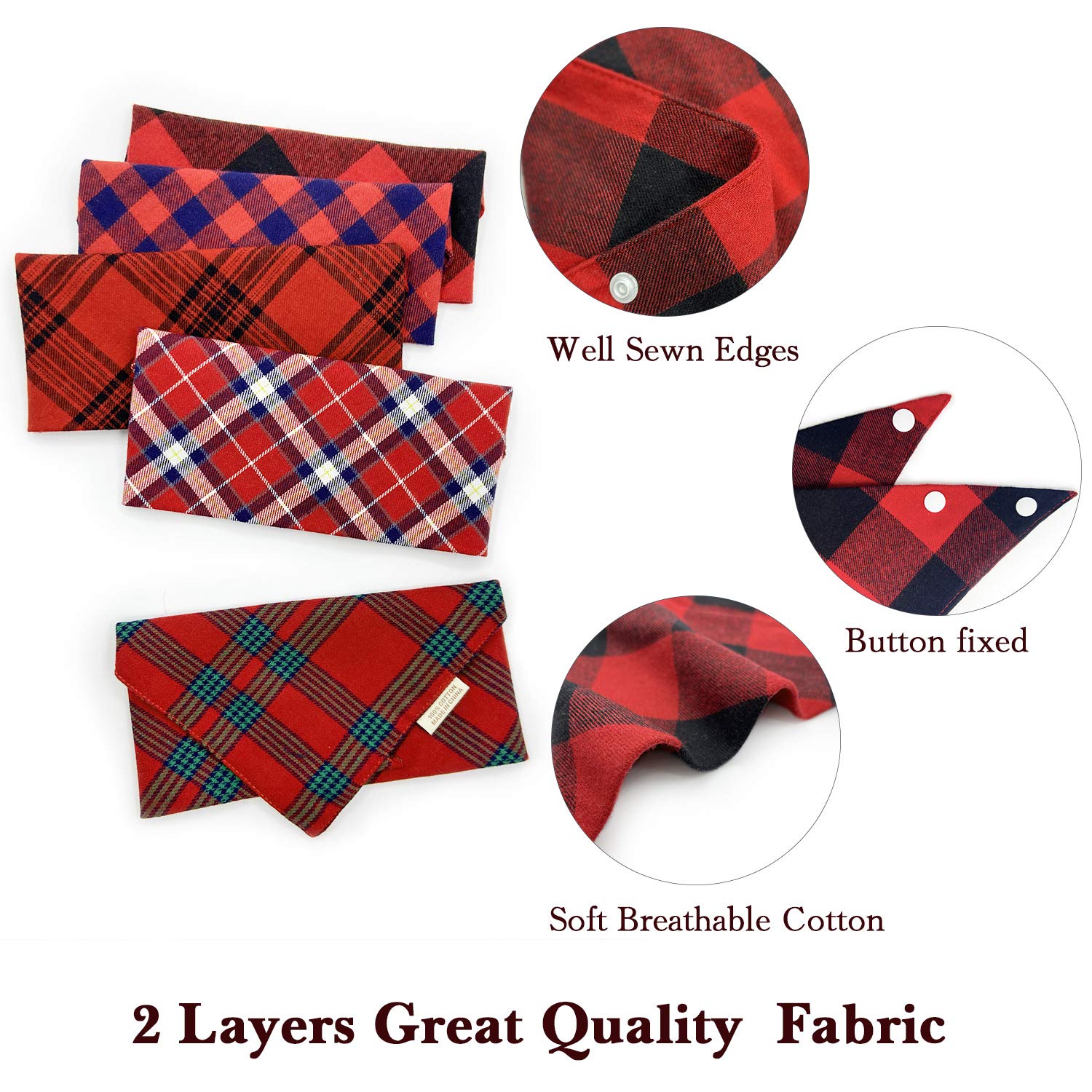 5Pcs Dog Bandanas With Button - Thick Triangle Bibs Dual Layer Soft Cotton Scarves For Small Medium Boy Girl Puppy Cat Pet Baby