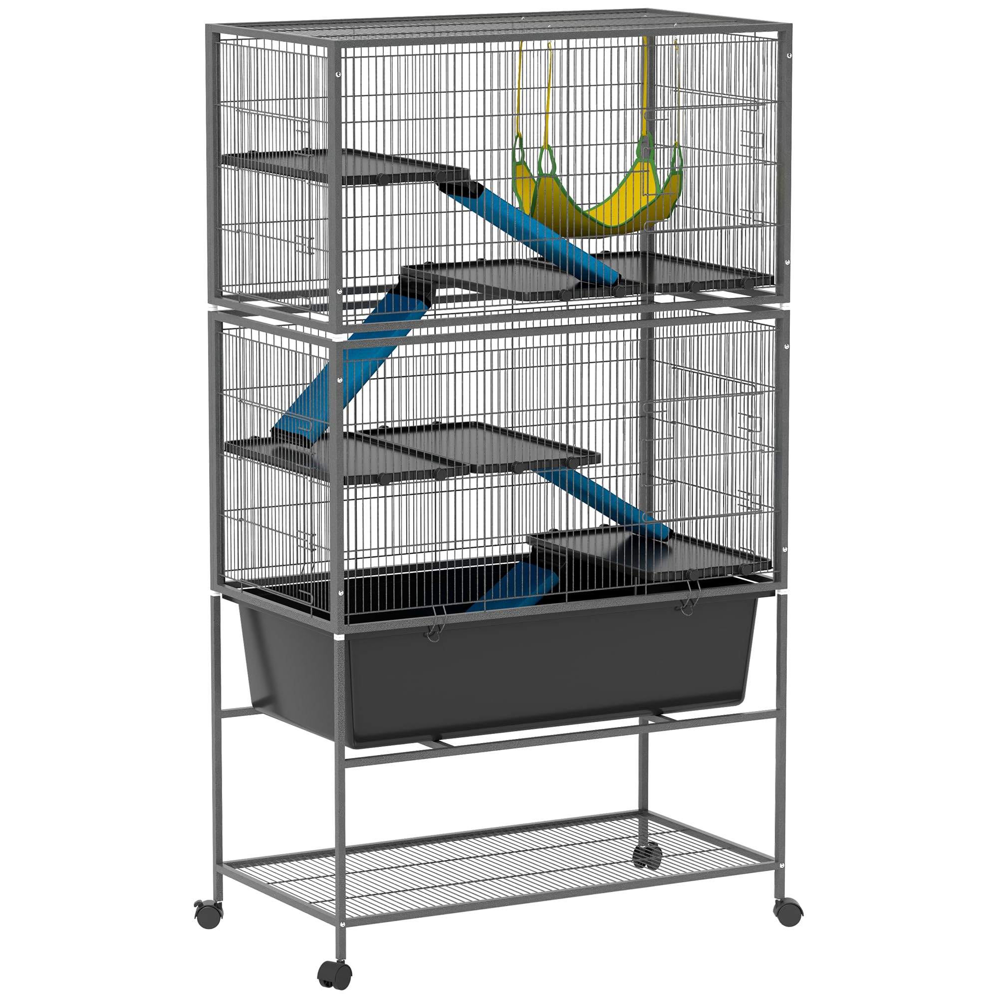 Pawhut 59' 5-Level Small Animal Cage, Rolling Ferret Chinchilla Cage With Slide Out 6.3' Deep Tray, Non-Slip Cloth Covered Ram