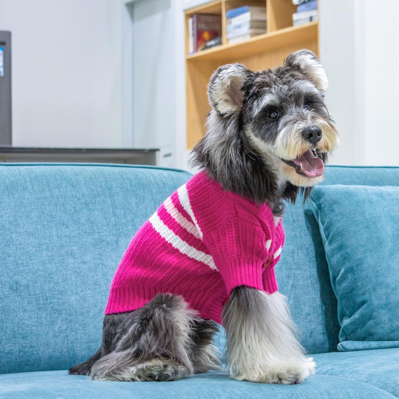 Cutebone Dog Striped Cardigan Sweater, Knitted Pink Dog Winter Clothes For Large Dogs Boy Girl, V-Neck Pet Cat Outfit, Large Siz