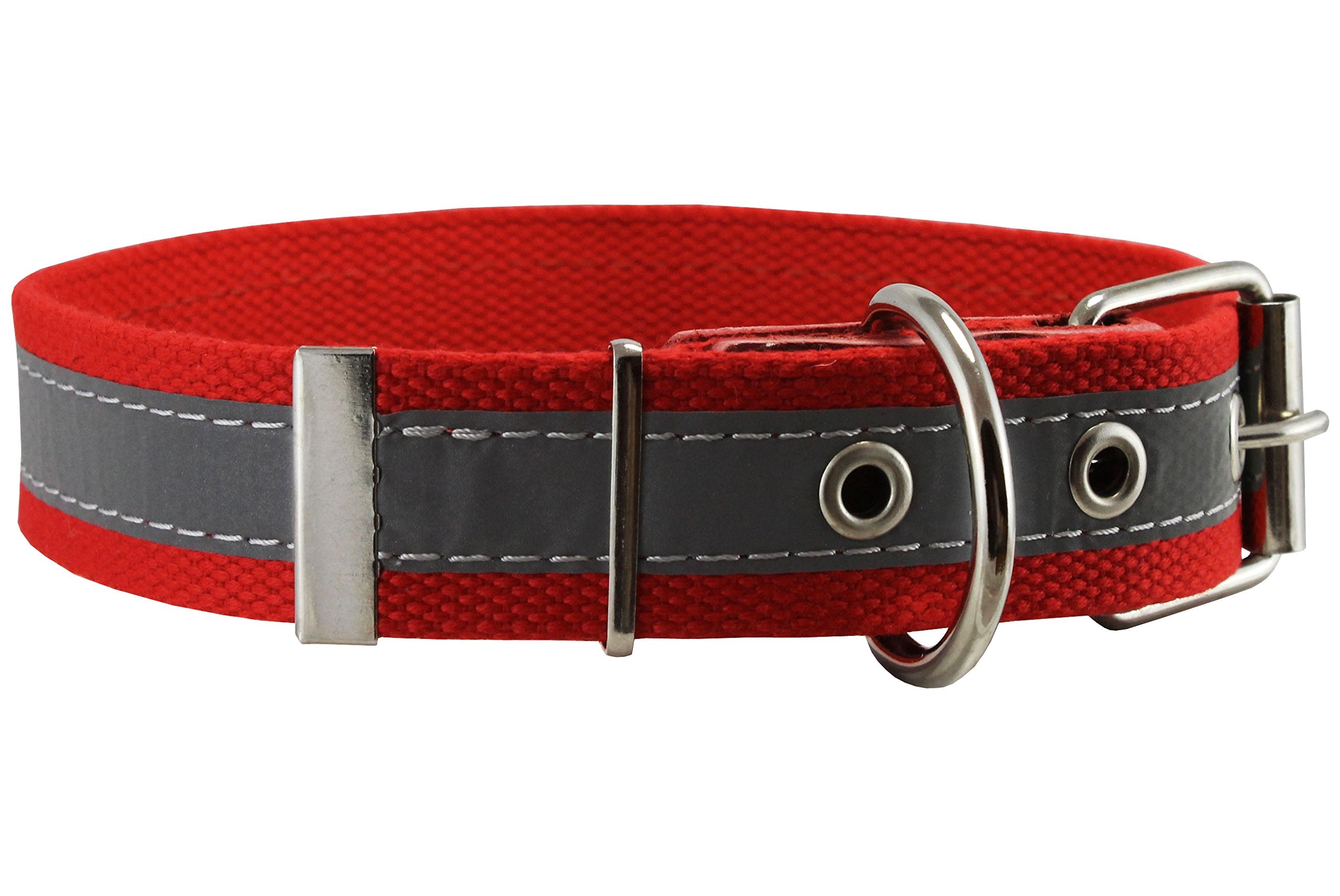 Cotton Web/Leather Reflective Dog Collar 24' Long 1.5' Wide Fits 16'-22' Neck, Pitbull, Cane Corso