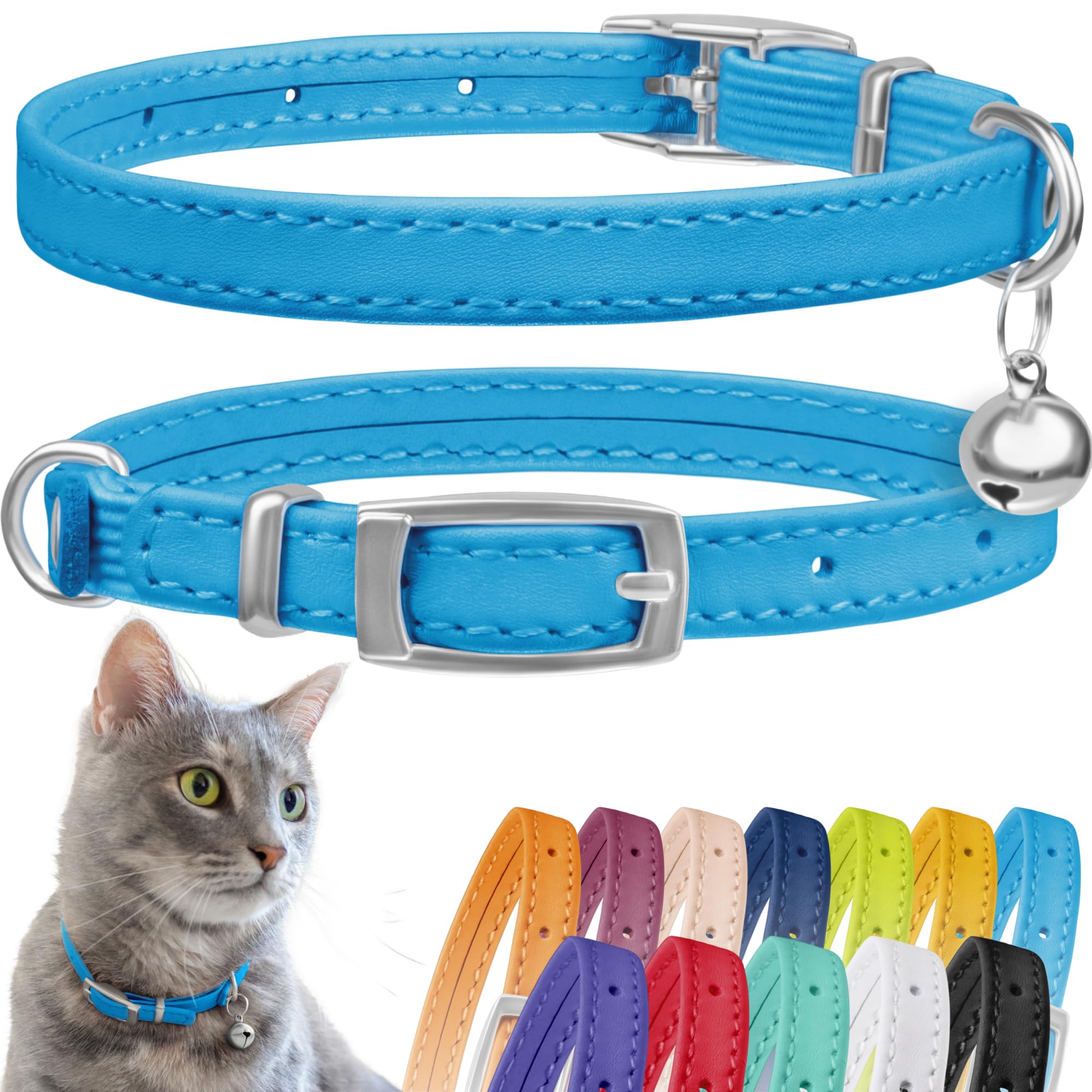 Collardirect Leather Cat Collar With Bell - Kitten Collar, Small And Big Cat Collar For Boy Cats, Girl Cats With Safety Elastic Strap (Neck Fit 8'-11', Light Blue)