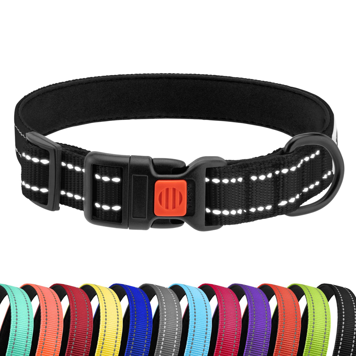 Collardirect Reflective Padded Dog Collar For A Small, Medium, Large Dog Or Puppy With A Quick Release Buckle - Boy And Girl - Nylon Suitable For Swimming (14-18 Inch, Black)