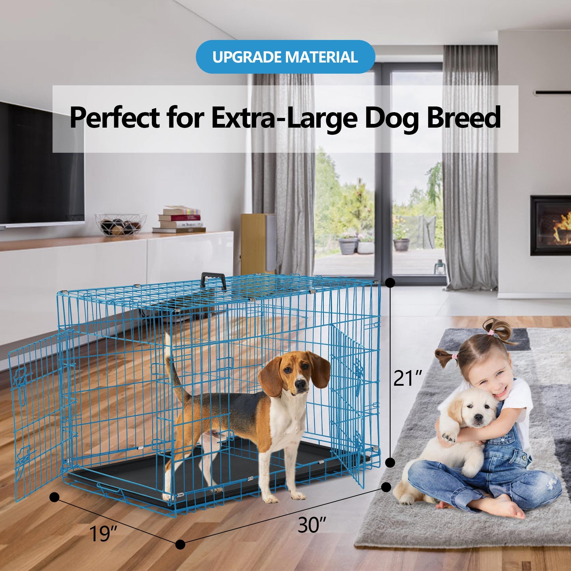 Biqwbic Medium Dog Crate, 30 Inch, Blue, Heavy Duty Steel Wire Folding Dog Cage With Removable Trays, Double-Door, Divider Panel