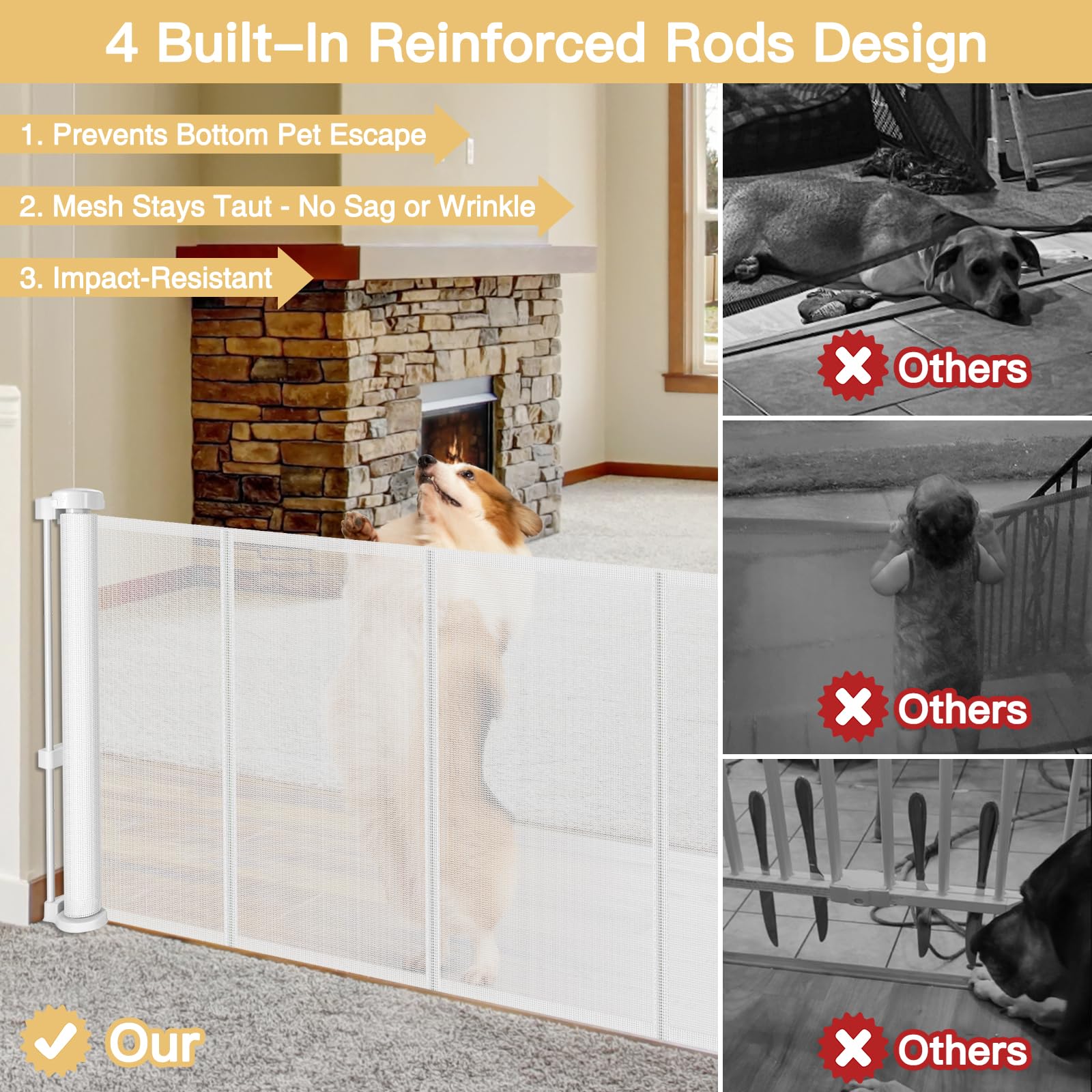 Reinforced 28 Inch Tall Retractable Baby Gates for Dogs, Easy Step Over Pet Gate with Support Rods, 55'' Wide Retractable Dog Ga