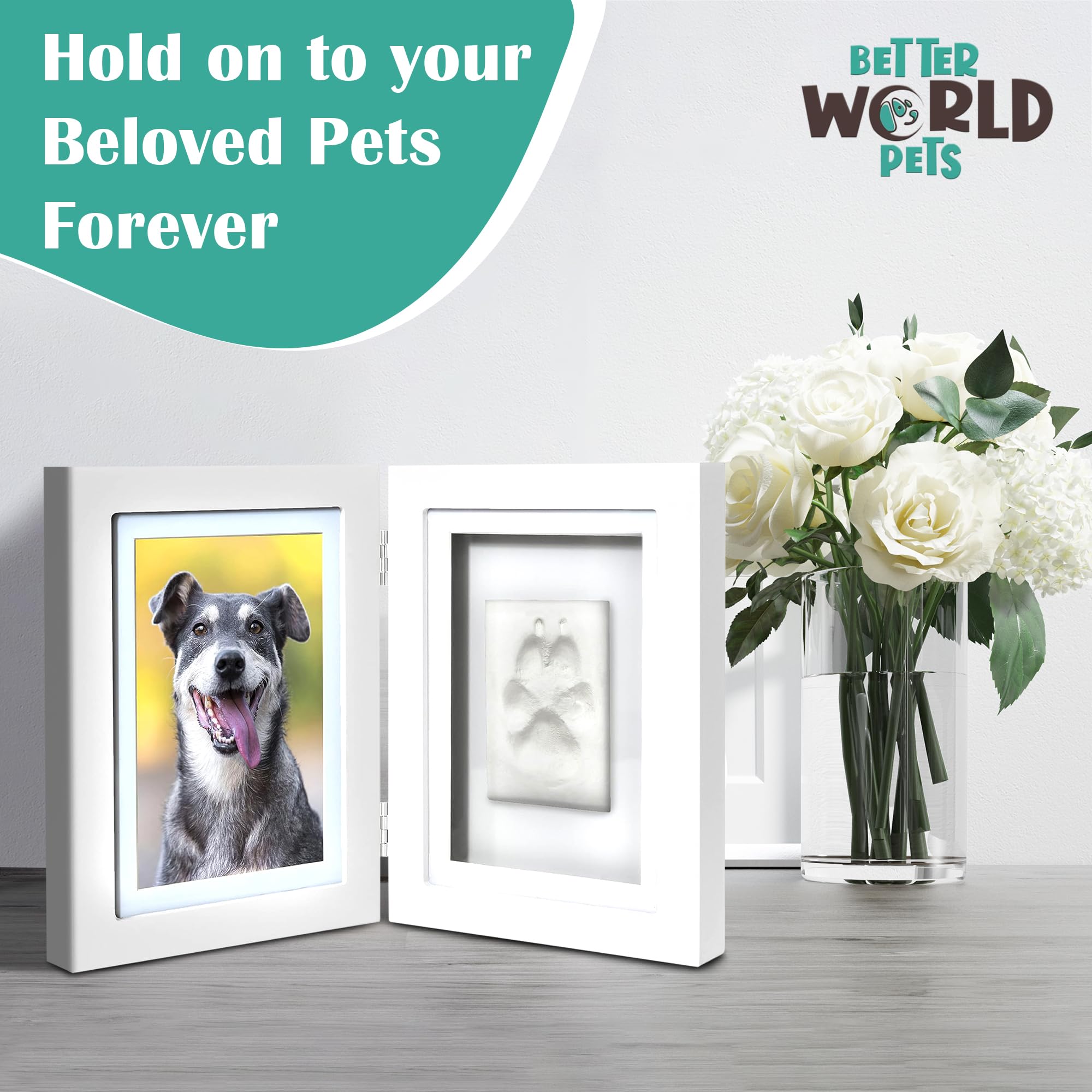 Better World Pets Paw Print + Photo Keepsake Frame Holds 4 X 6 Inch Or 5 X 7 Picture – Memorial Clay Imprint Kit – For Dogs And Cats – Perfect For Pet Lovers – Hinged For Desktop, White