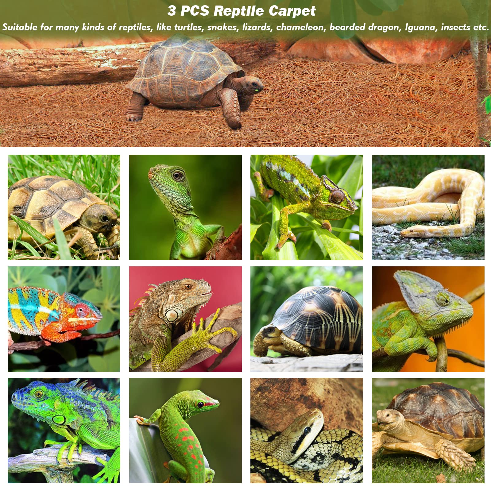 ZeeDix 3 Pieces Coconut Fiber Reptile Substrate Mat, 12 x 20 inches Natural Coco Mat Reptile Carpet Coco Fiber Liner Turtle Bedd