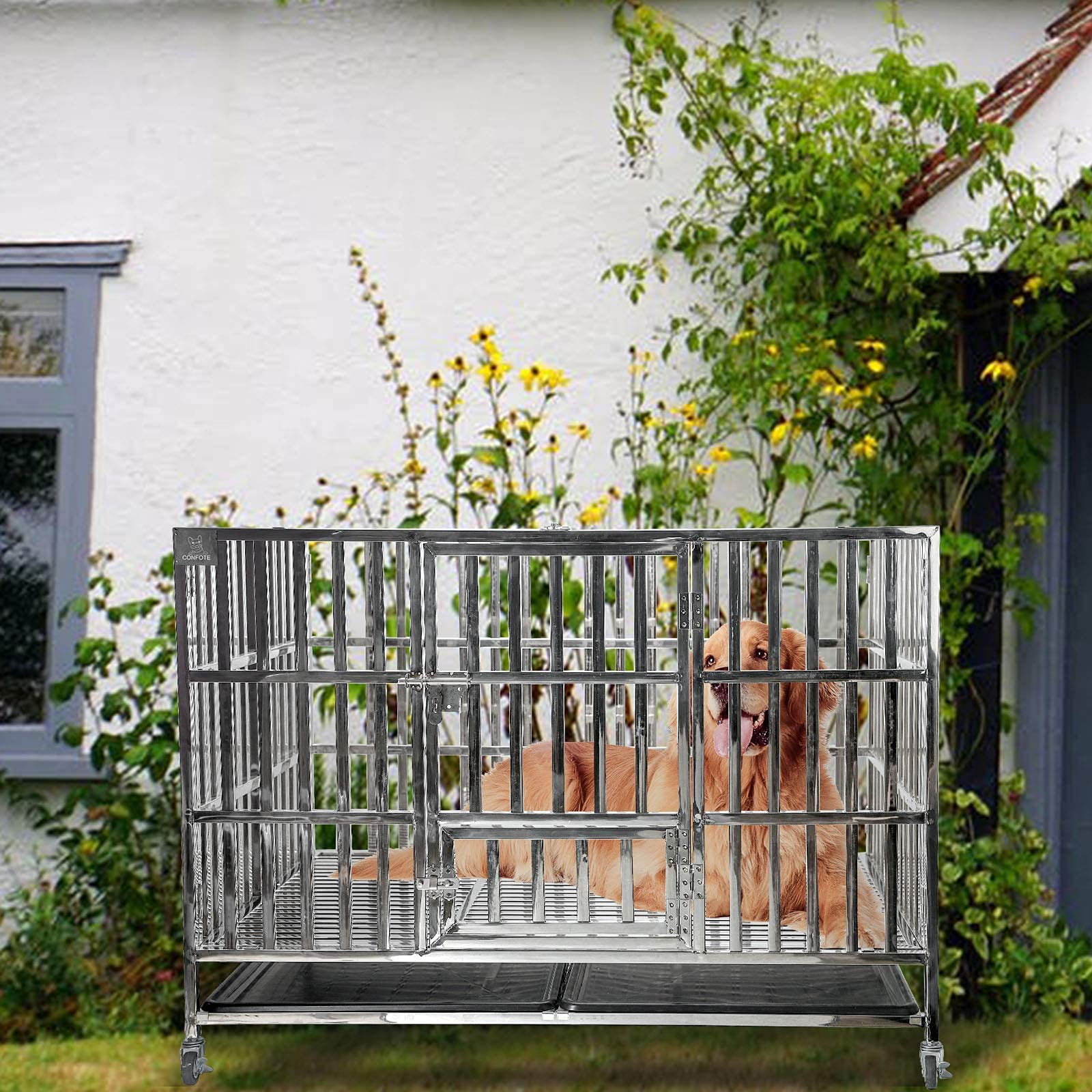 Confote Heavy Duty 48" Stainless Steel Dog Cage Kennel with Double Doors, Lockable Wheels & Removable Tray - Indoor/Outdoor Use