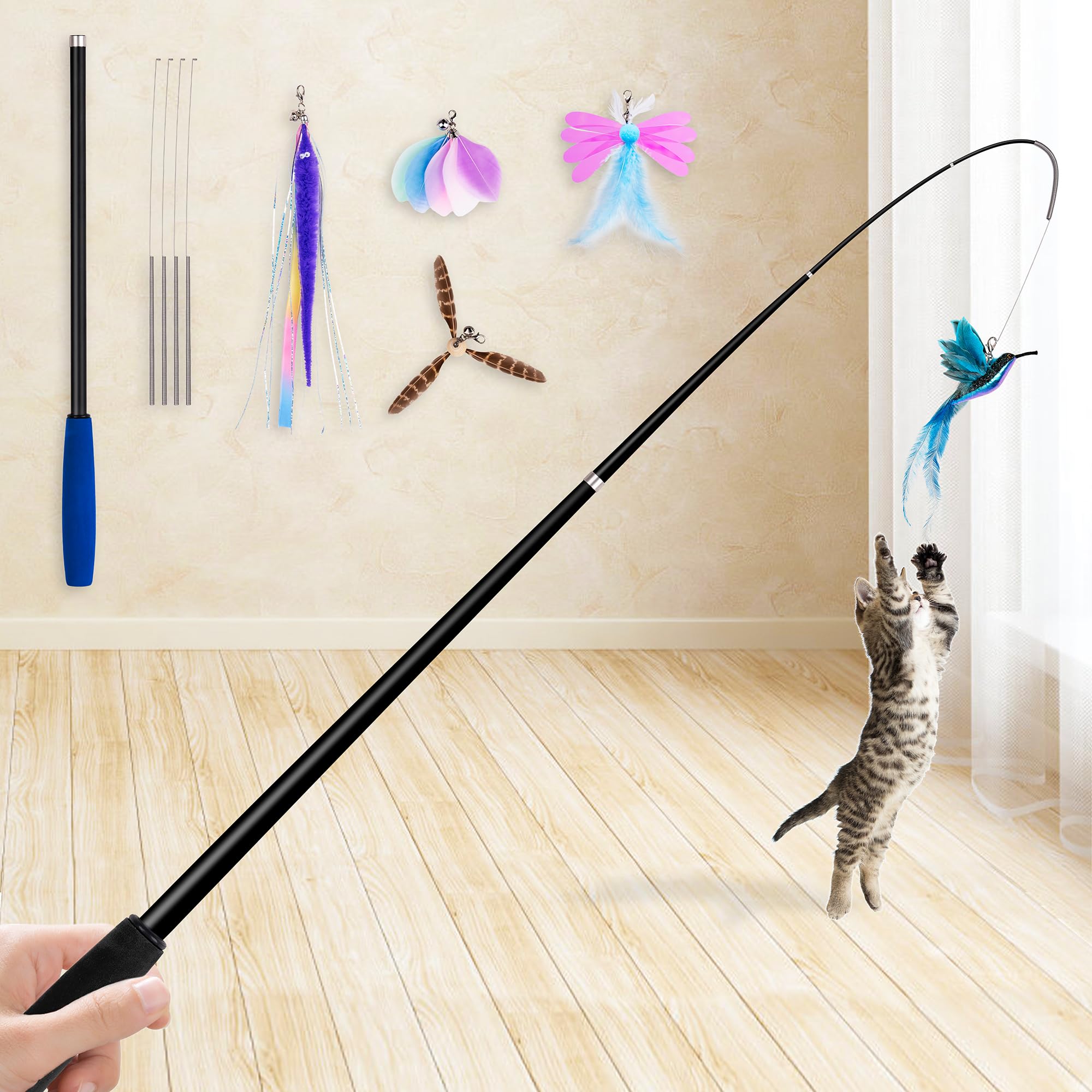 Jxfukal 2025 Latest Cat Toys, 2 In 1 Spring Cat Wand Toy With 2Pcs Ultra-Long Cat Teaser, 4Pcs Spring Steel Wire & 5Pcs Feather 