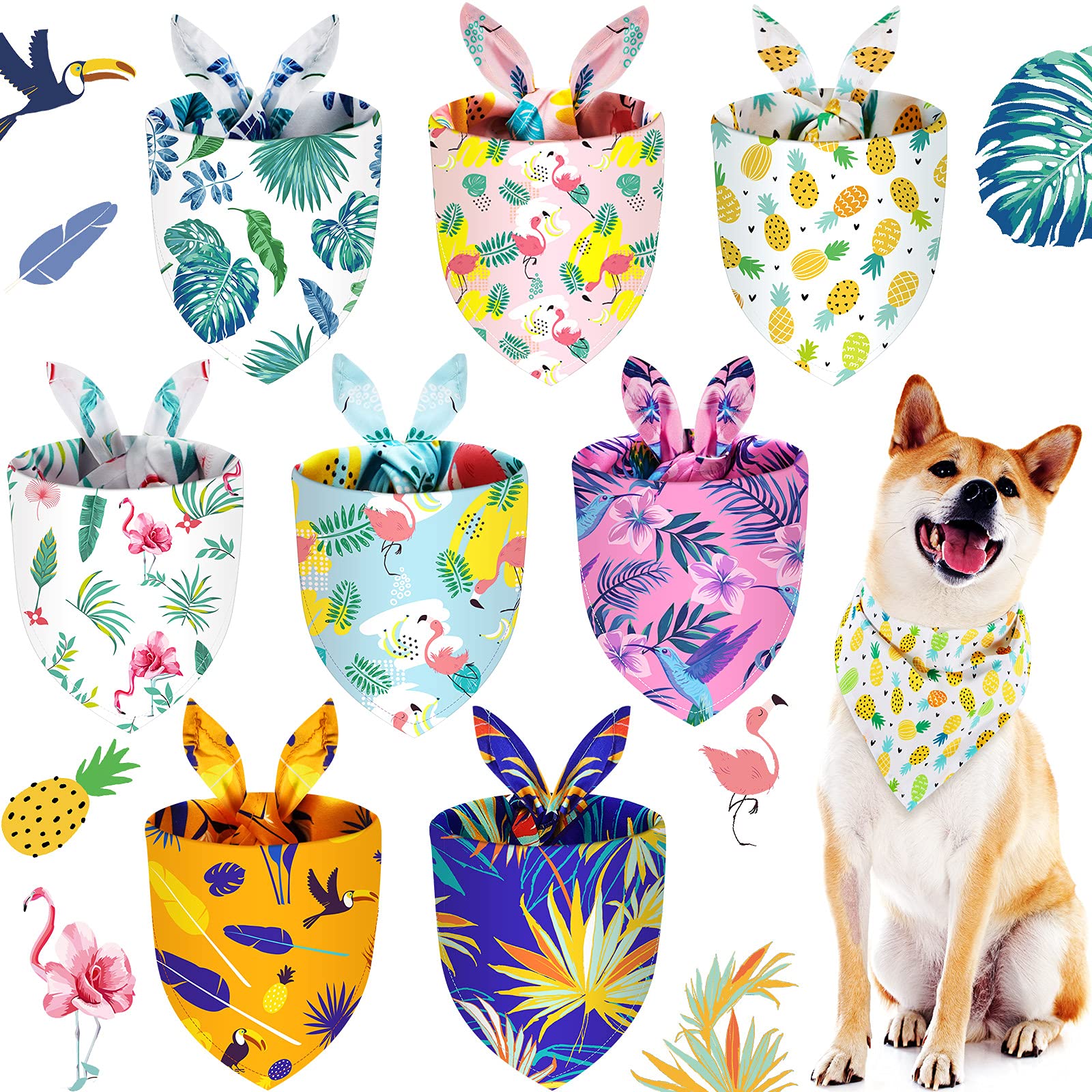 Frienda 8 Pieces Summer Pet Bandanas Triangle Dog Bandana Hawaiian Dog Scarf Triangle Bibs Adjustable Rainforest Fruit Flamingo 