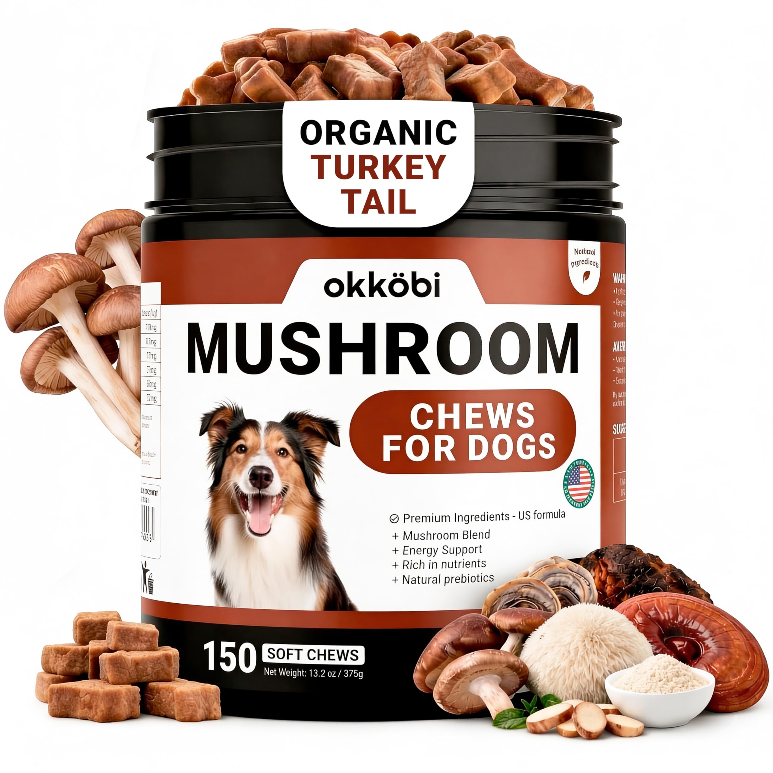Turkey Tail Mushroom for Dogs - 150 Soft Chews - with Turkey Tail, Lions Mane, Chaga, Reishi & Shiitake - Immune Support & Cogni