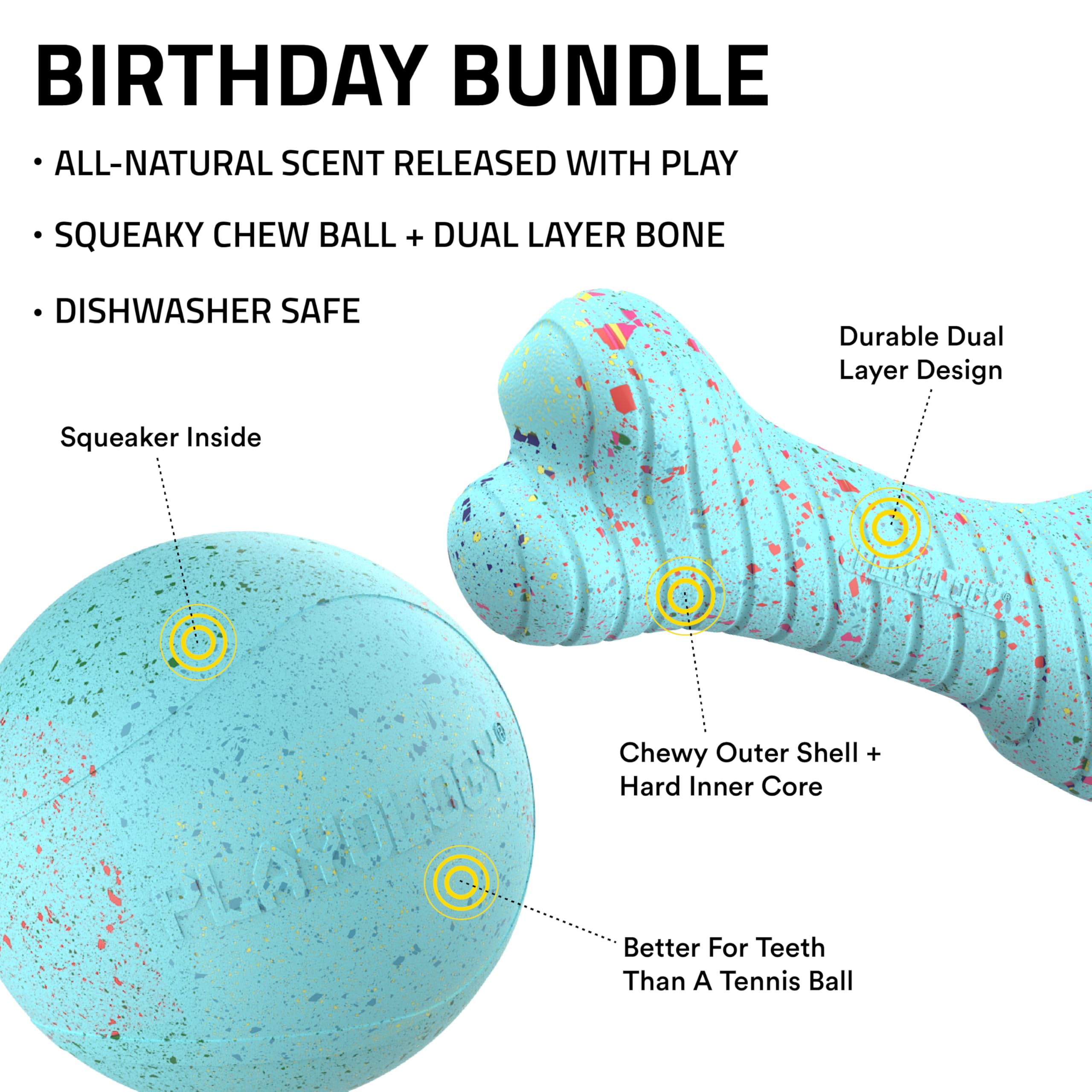 Playology Birthday Pack Dog Toys For Large Dogs | All-Natural Peanut Butter Birthday Cake Scented Gift Bundle | 1 Squeaky Chew B