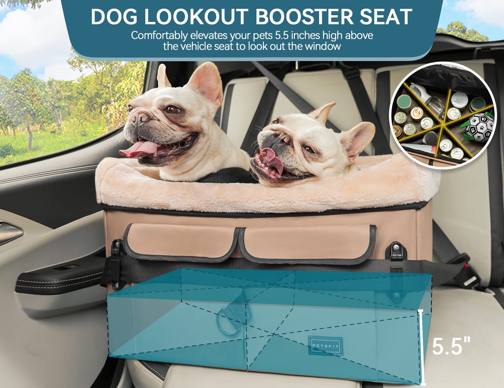 Petsfit Dog Booster Seat For Medium Dogs Or 2 Small Dogs With Patetnt Buckles, Washable Pad, Upgraded Car Seat For Dogs Up To 45