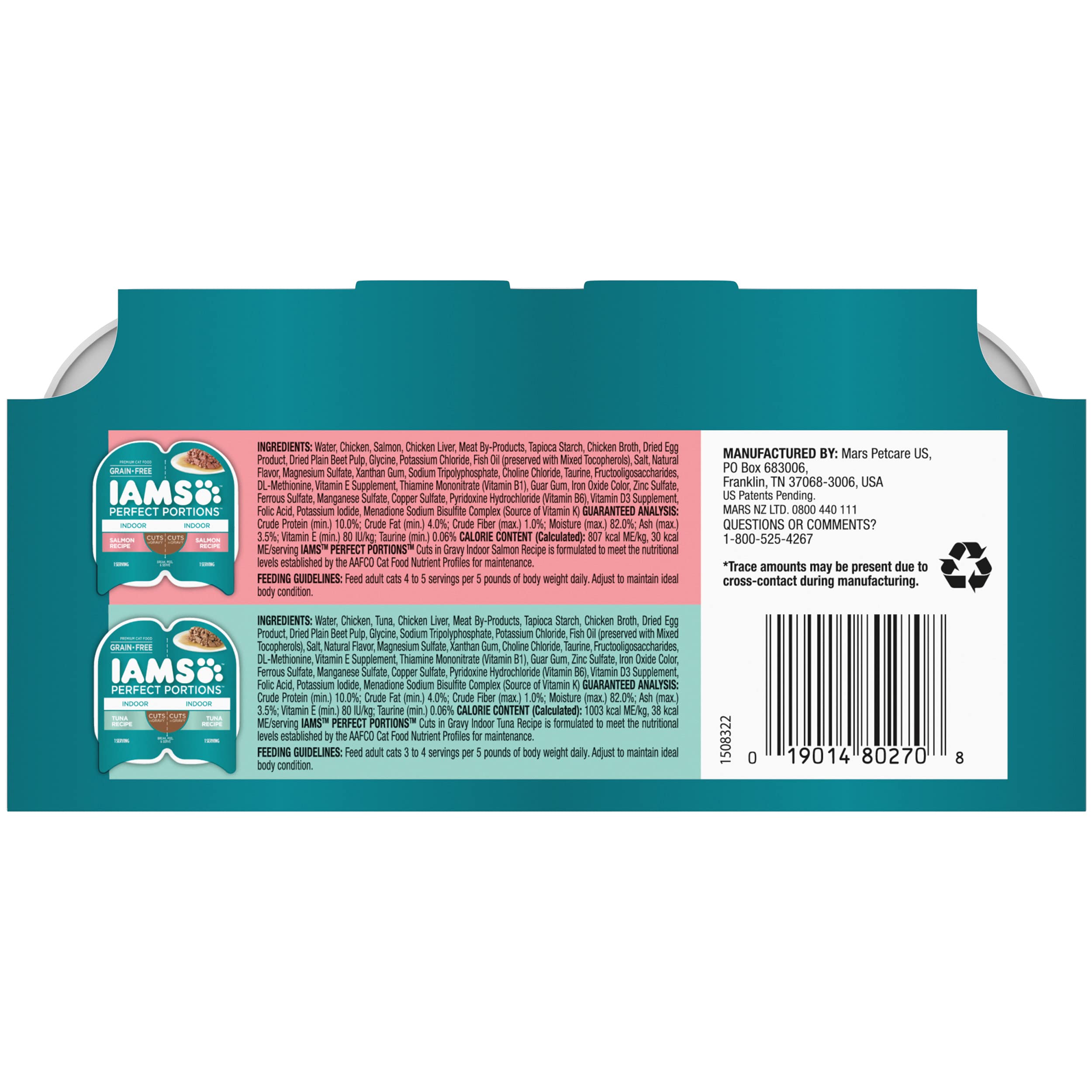 Iams Perfect Portions Indoor Adult Grain Free Wet Cat Food Pate Variety Pack, Salmon and Tuna Recipes, 2.6 oz. Easy Peel Twin-Pa