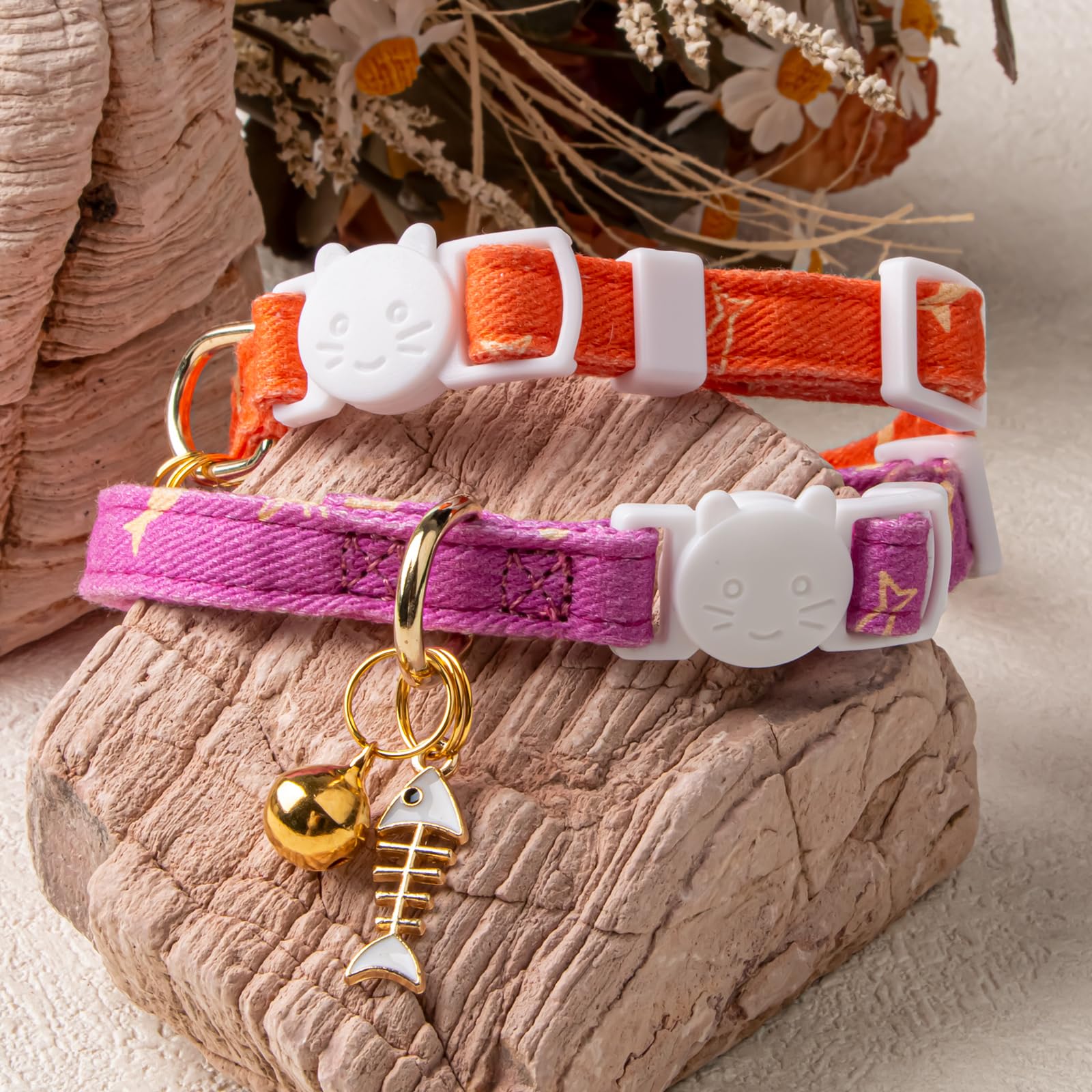 2 Pack Cotton Breakaway Cat Collar Orange And Purple Fish Pendant Cute Kitten Cat Collar With Bell