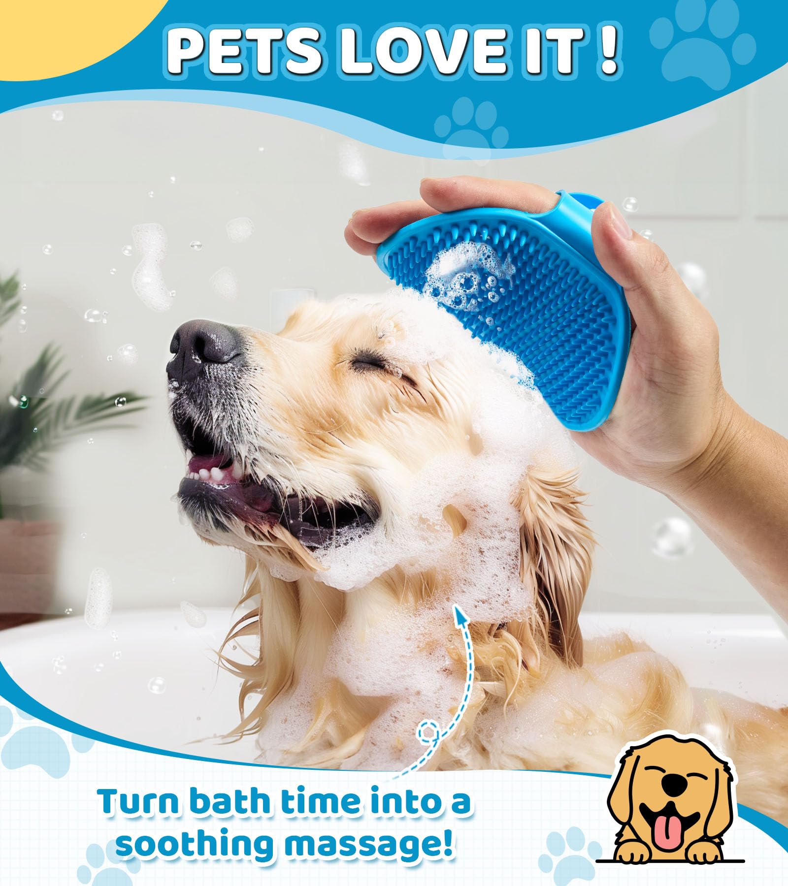 Robatun 4Pcs Dog Bath Brush Pet Shampoo Brush With Adjustable Ring Handle Soft Massage Dispenser Panda Shape Brush For Short Lon