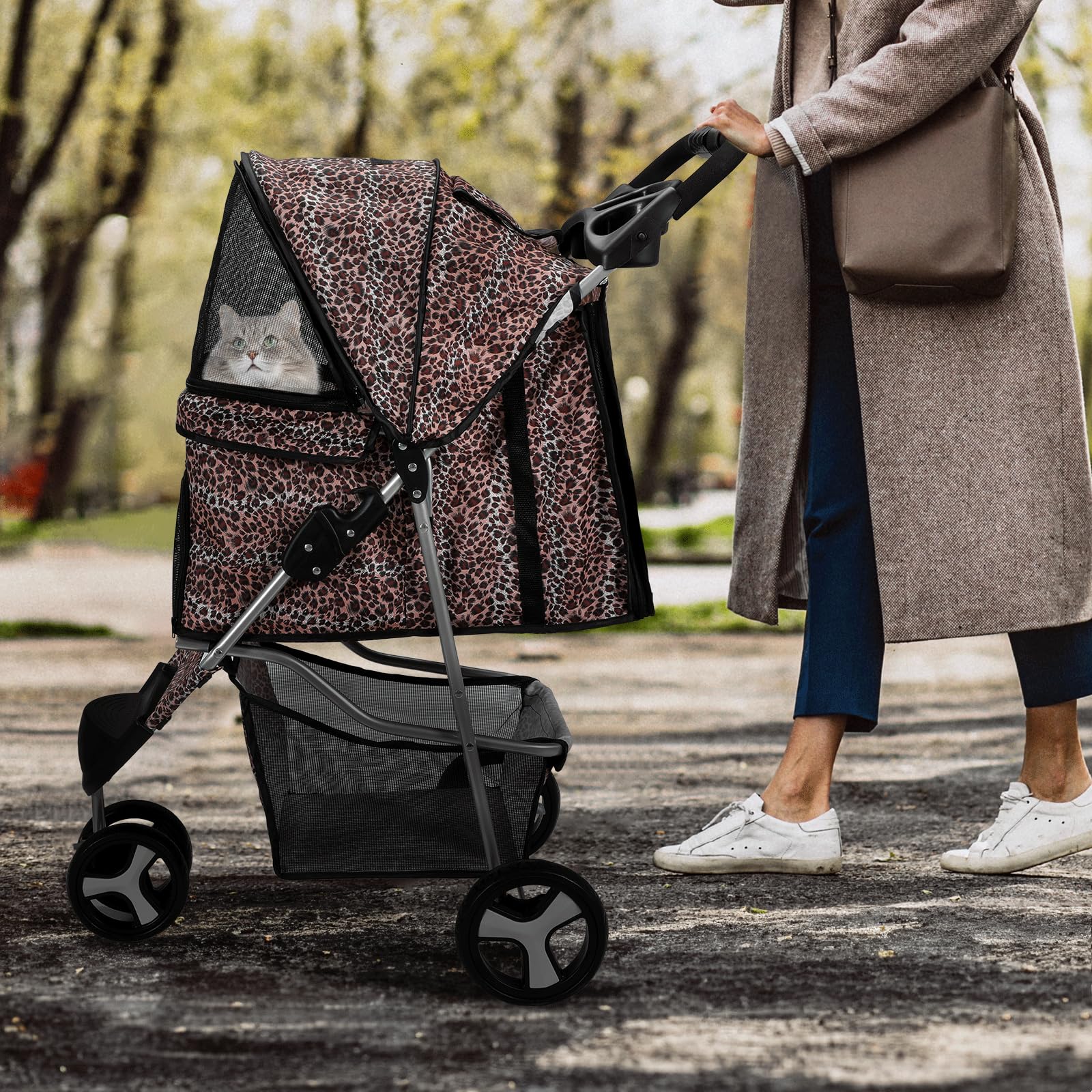 Monibloom 3 Wheels Pet Dog Cat Stroller For Small Medium Dogs Cats, Lightweight Foldable Jogger Stroller W/Storage Basket & Cup Holder, Leopard Print