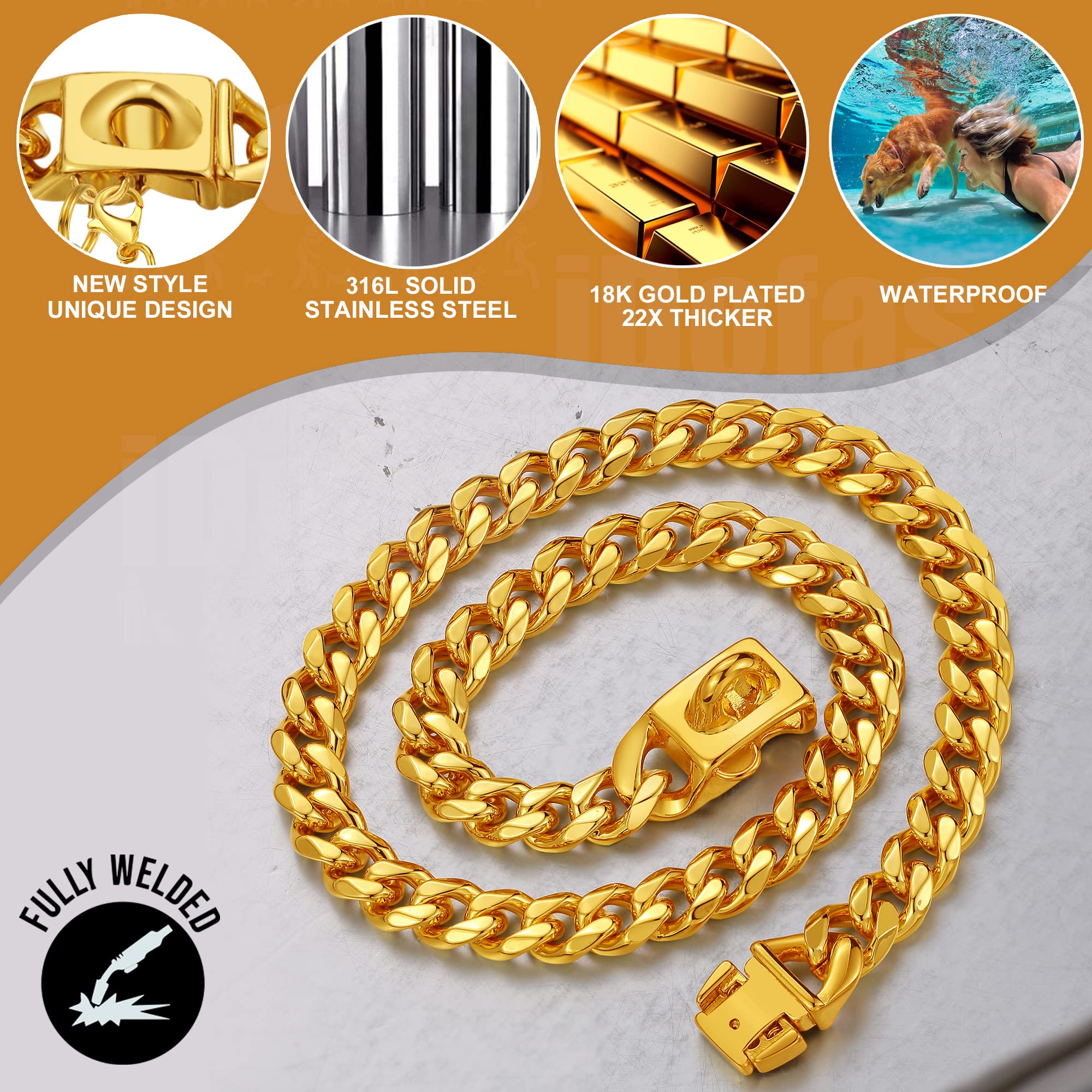 Luxlife Gold Cuban Link Dog Chain Collar - 10Mm 18K Gold Stainless Steel With Snap Buckle & Bell - Small To Large Dogs (18'')