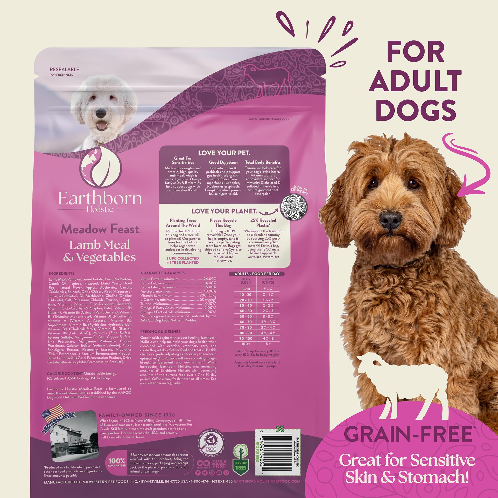 Earthborn Holistic Meadow Feast Lamb Meal & Vegetables Grain Free Dry Dog Food, 4 lb. Bag, for Sensitive Skin & Stomach, Brown
