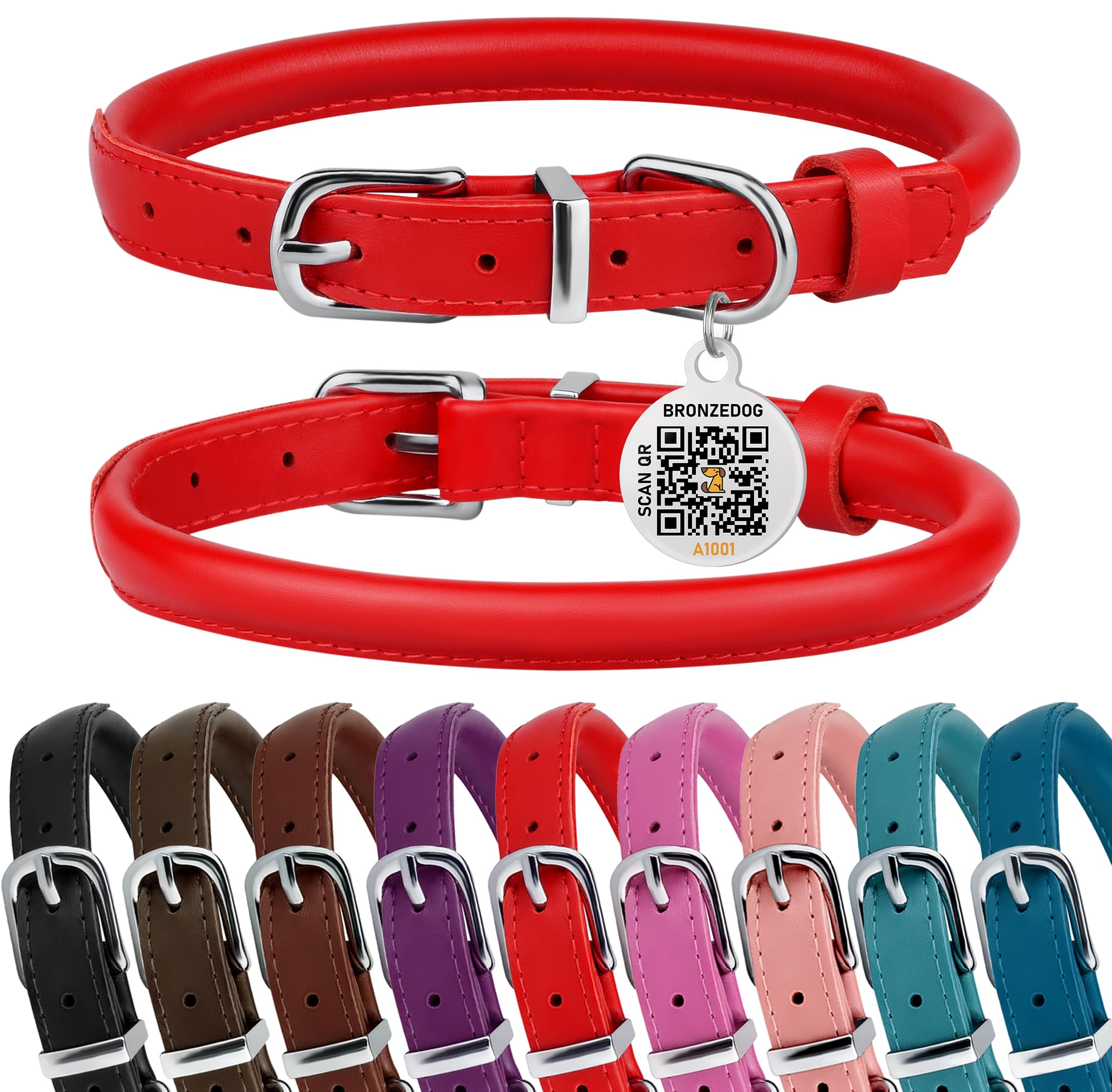 Bronzedog Rolled Leather Dog Collar For Small Medium Large Dogs With Qr Id Tag (L: 16-18 Inch, Scarlet Red)