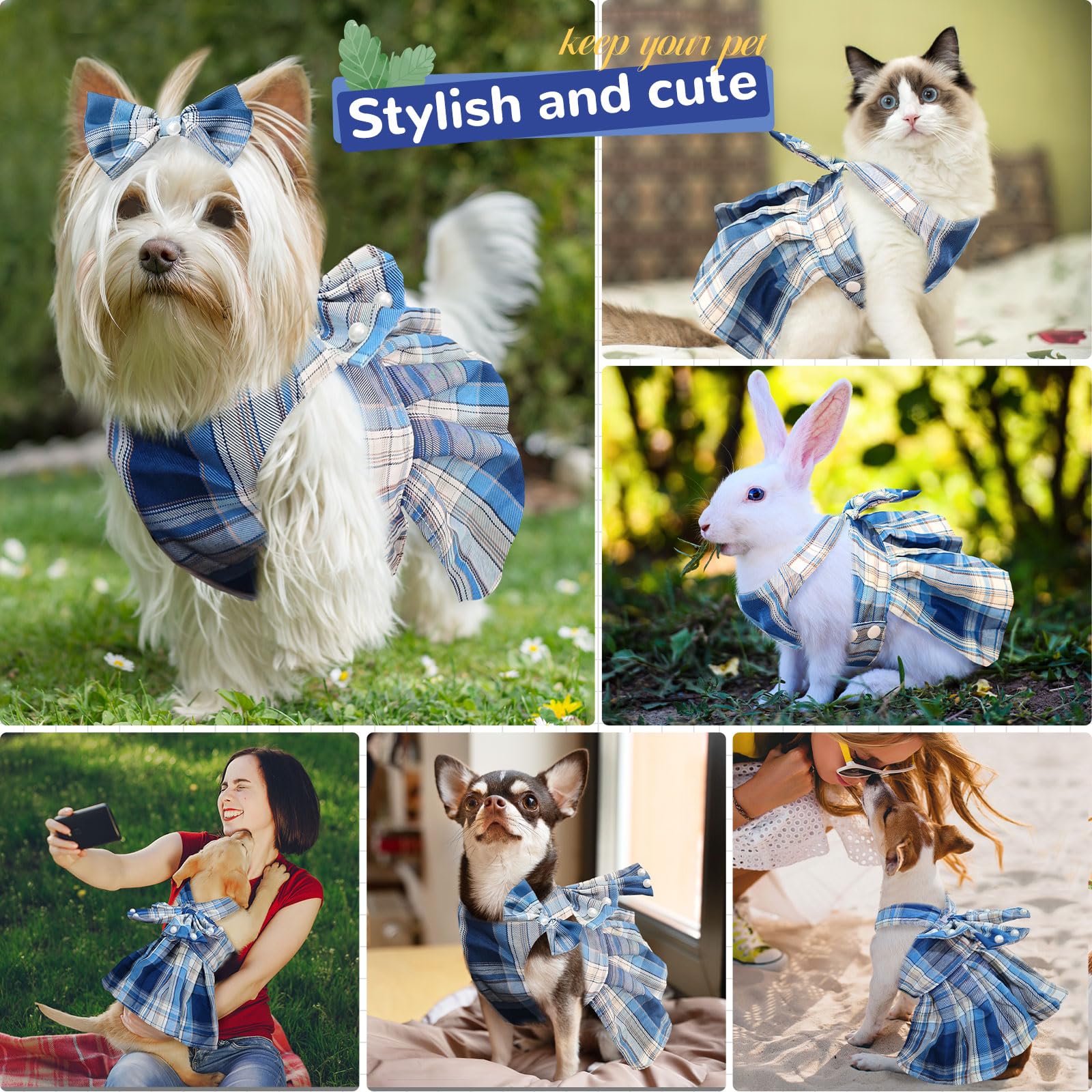 Petcare Cute Dog Dress Clothes For Small Dogs Cats Girl Female Blue Plaid Bow Tie Dog Harness Dresses Leash Set With Pearls Bow