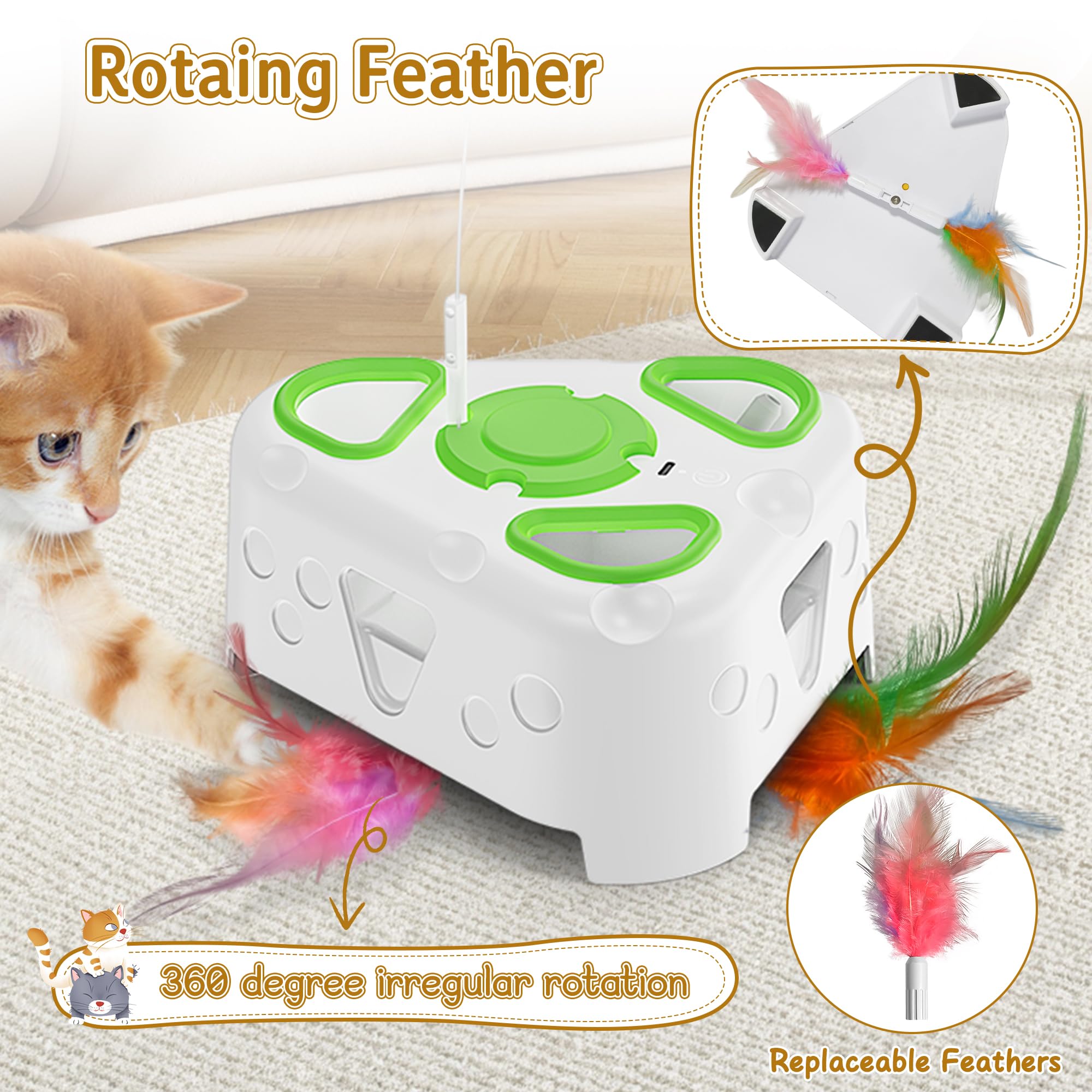 Panrio Interactive Toys For Indoor Cats,3-In-1 Cheese-Shaped Automatic Cat Toy,Flying Bird,6 Holes Whack A Mole,Rotating Feather