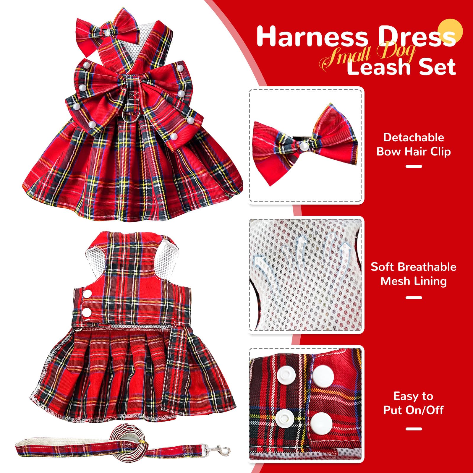 Petcare Cute Dog Dress Clothes For Small Dogs Cats Girl Female Red Plaid Bow Tie Dog Harness Dresses Leash Set With Pearls Bow A