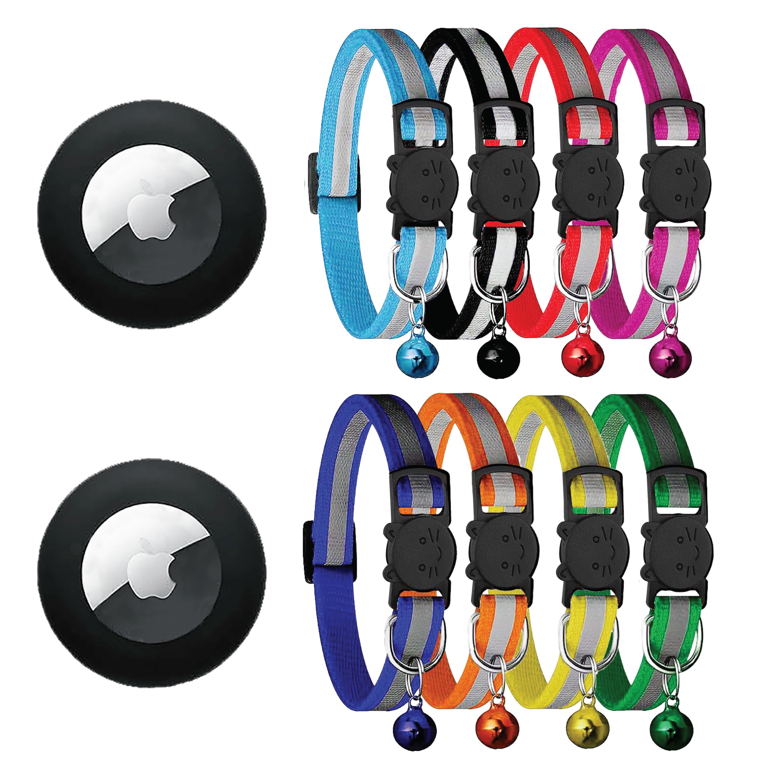 Zease 8 Breakaway Cat Collars Bulk With Bells And 2 Waterproof Airtag Holders, Reflective Cat Collar Airtag Holder, Safety Buckl