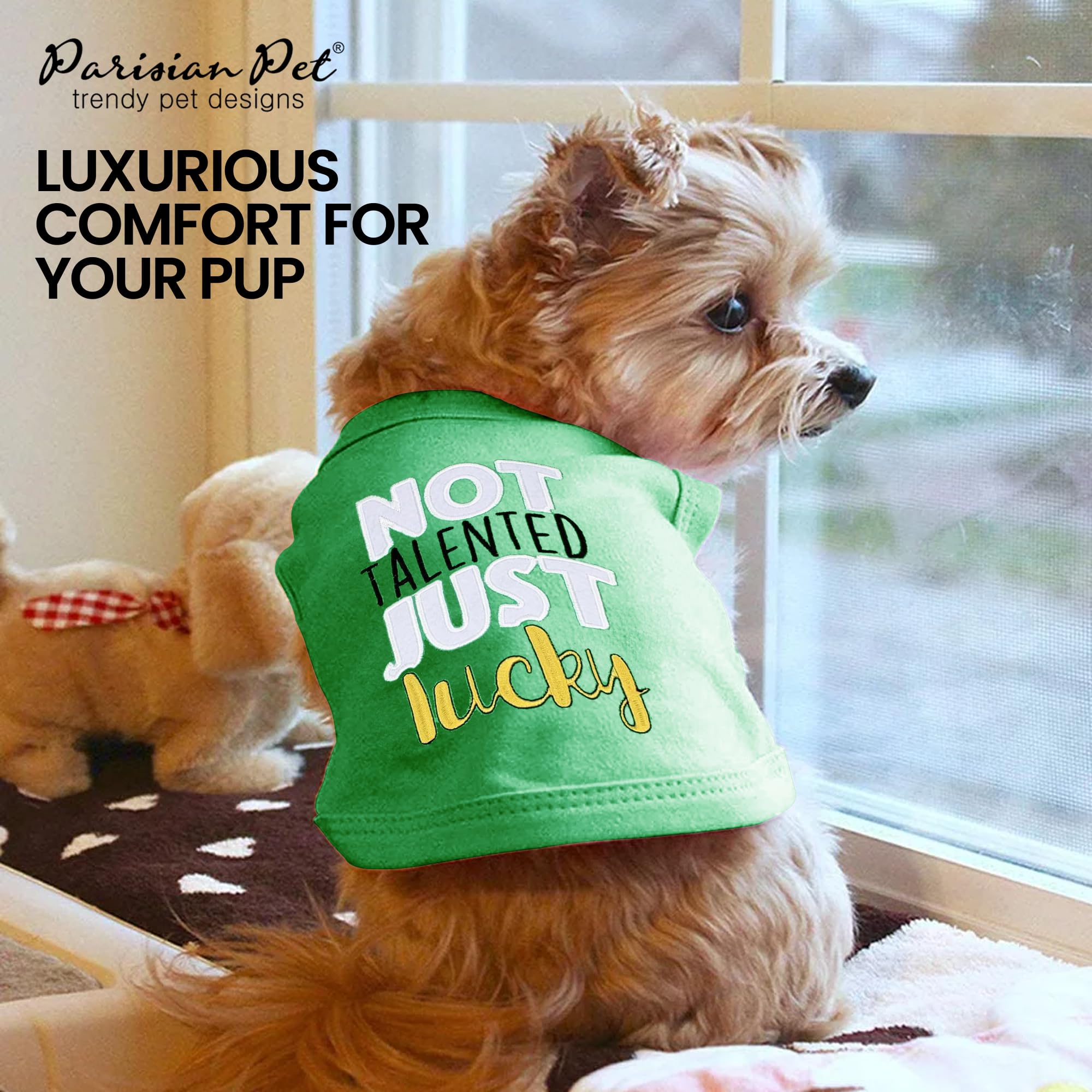 Parisian Pet Dog Tshirt - Embroidered  Not Talented Just Lucky  Dog Clothes - 100% Cotton Pet Vest - Sleeveless Green Tee Shirts