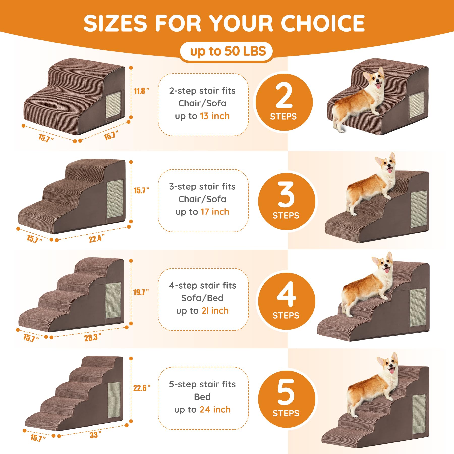 Pet Stairs, Dog Stairs For Small Dogs, Dogs Steps, 5-Step Curved Dog Ramp For Bed, Couch, Sofa, Car And Chair, Non-Slip Bottom D