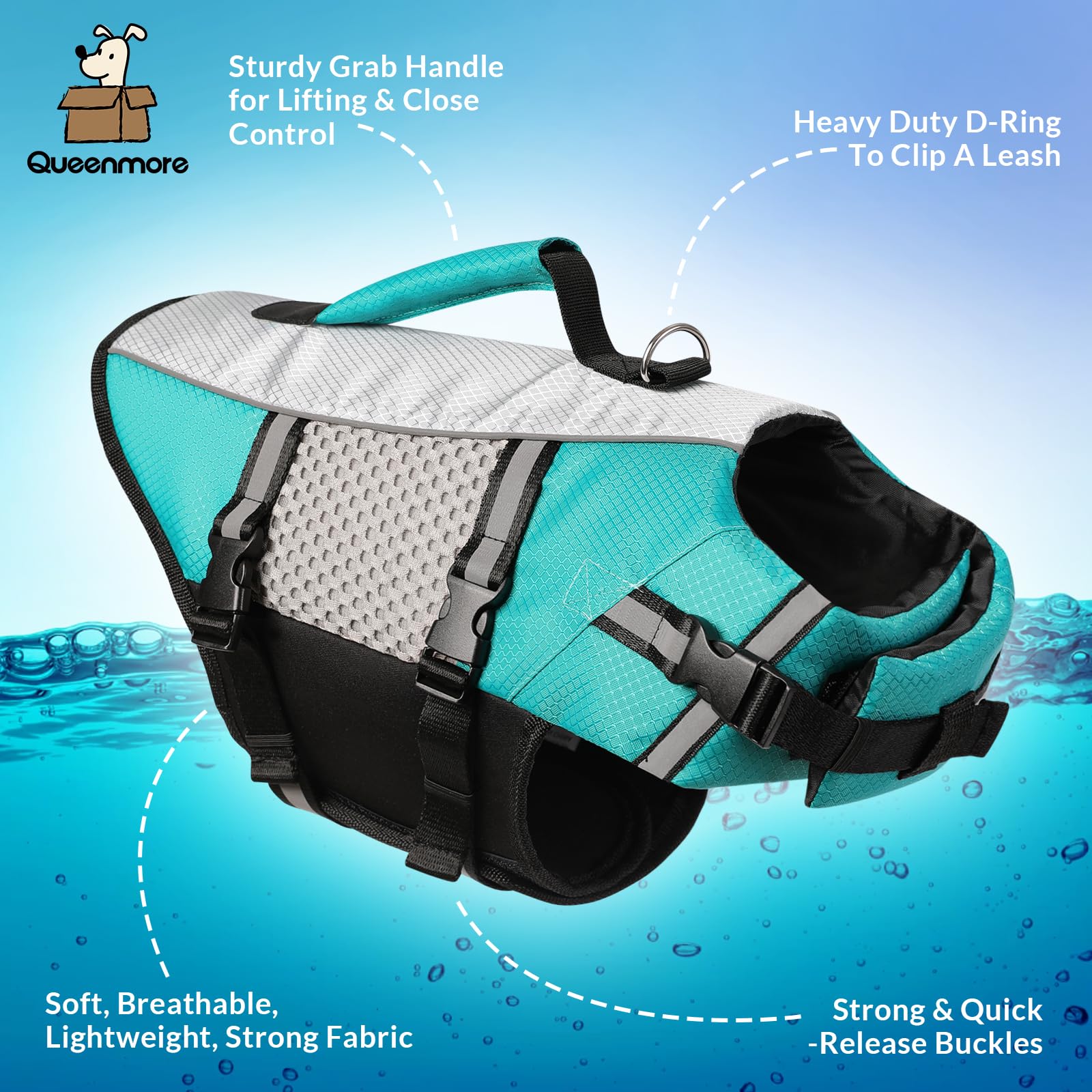 Queenmore Dog Life Jacket Swimming Vest Small Medium Dogs Neoprene Boating Life Preserver Lightweight Reflective Cat Puppy Kayak