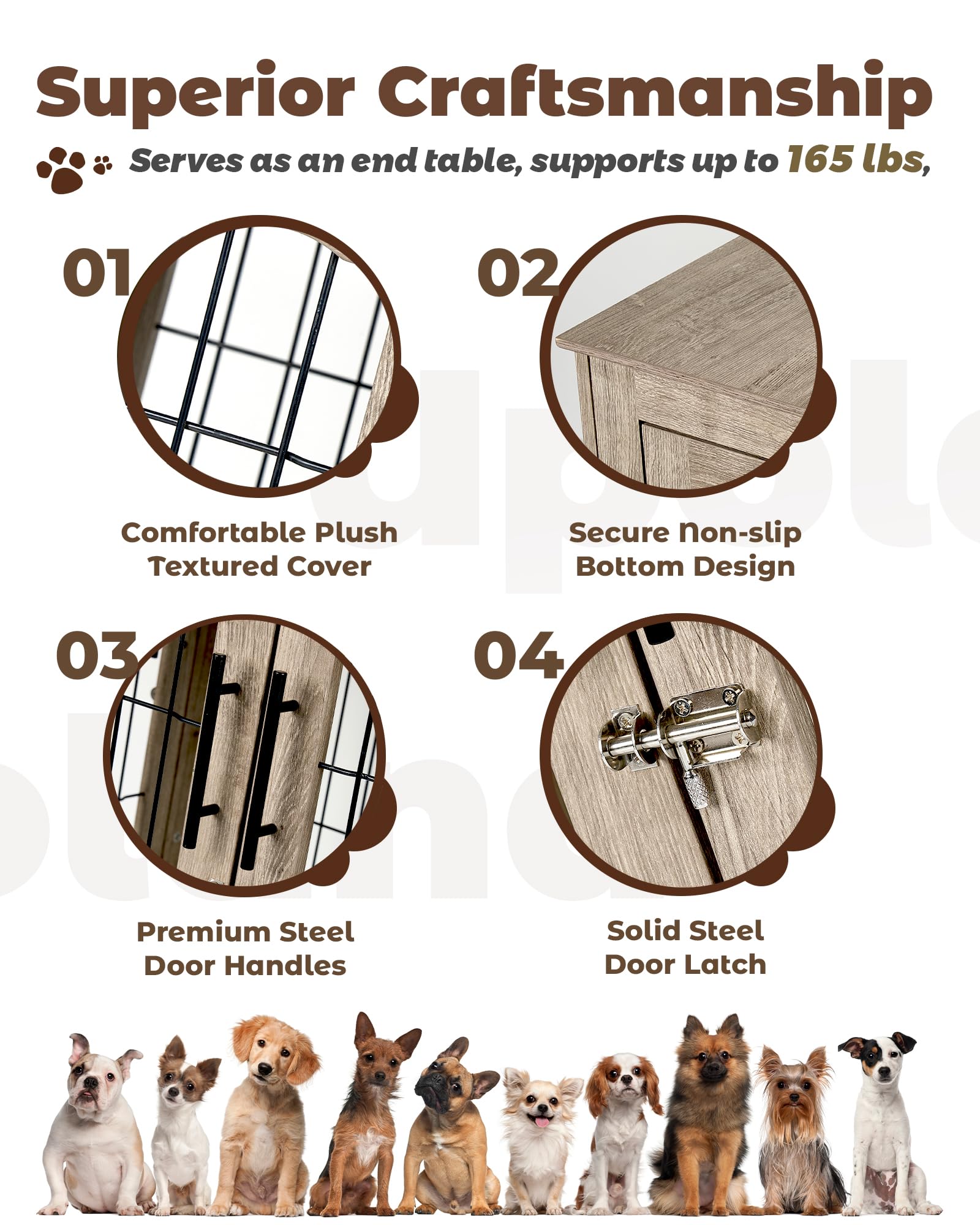 Upolana Dog Crate Furniture, 38 inch Large Dog Crates with Bed Mat, Wooden Dog Kennel Furniture, End Side Table Dog Cage with 3