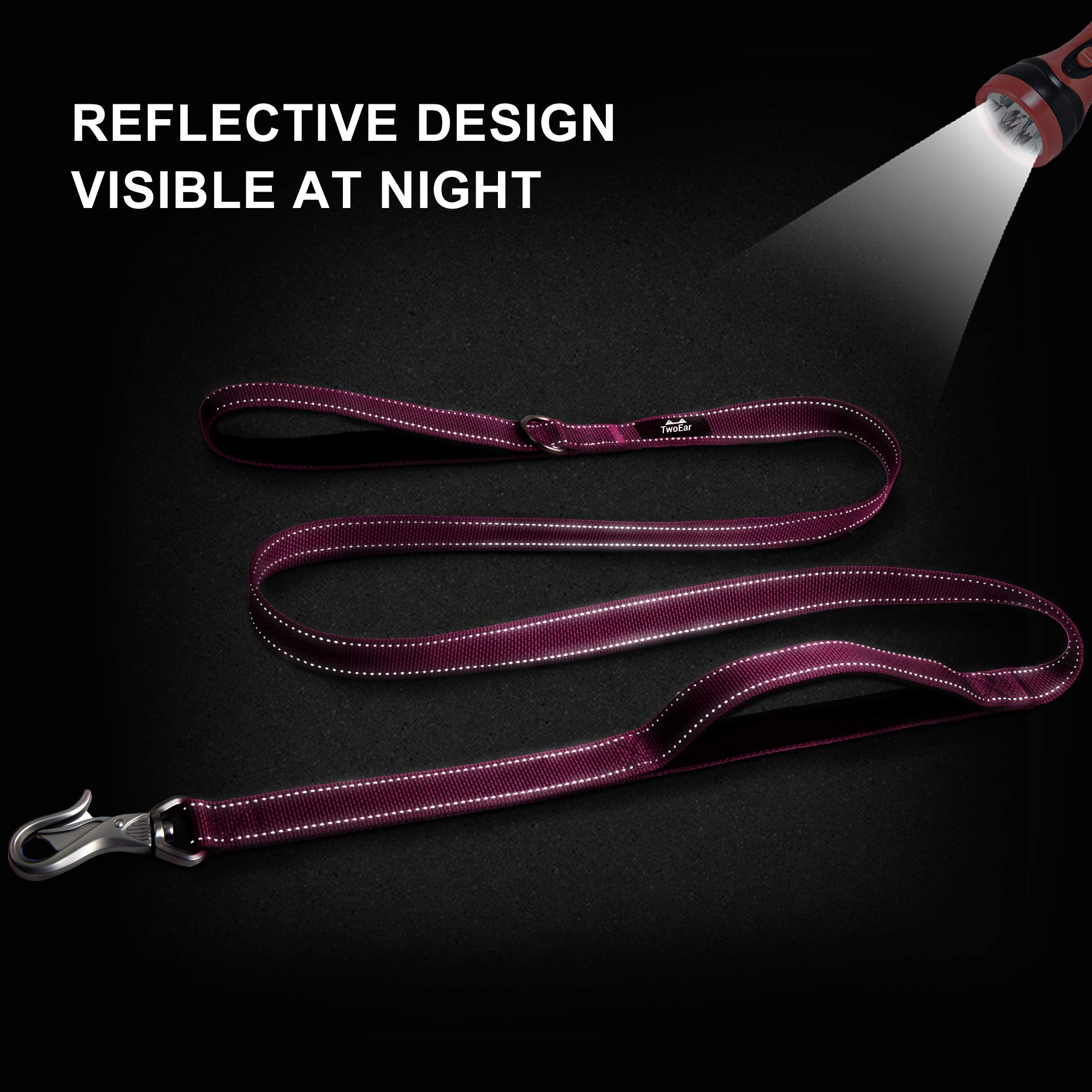 TwoEar Dog Leash - 4FT 1IN Nylon Rose with 2 Padded Handles & Reflective Auto Lock Hook for Small, Medium, and Large Dogs