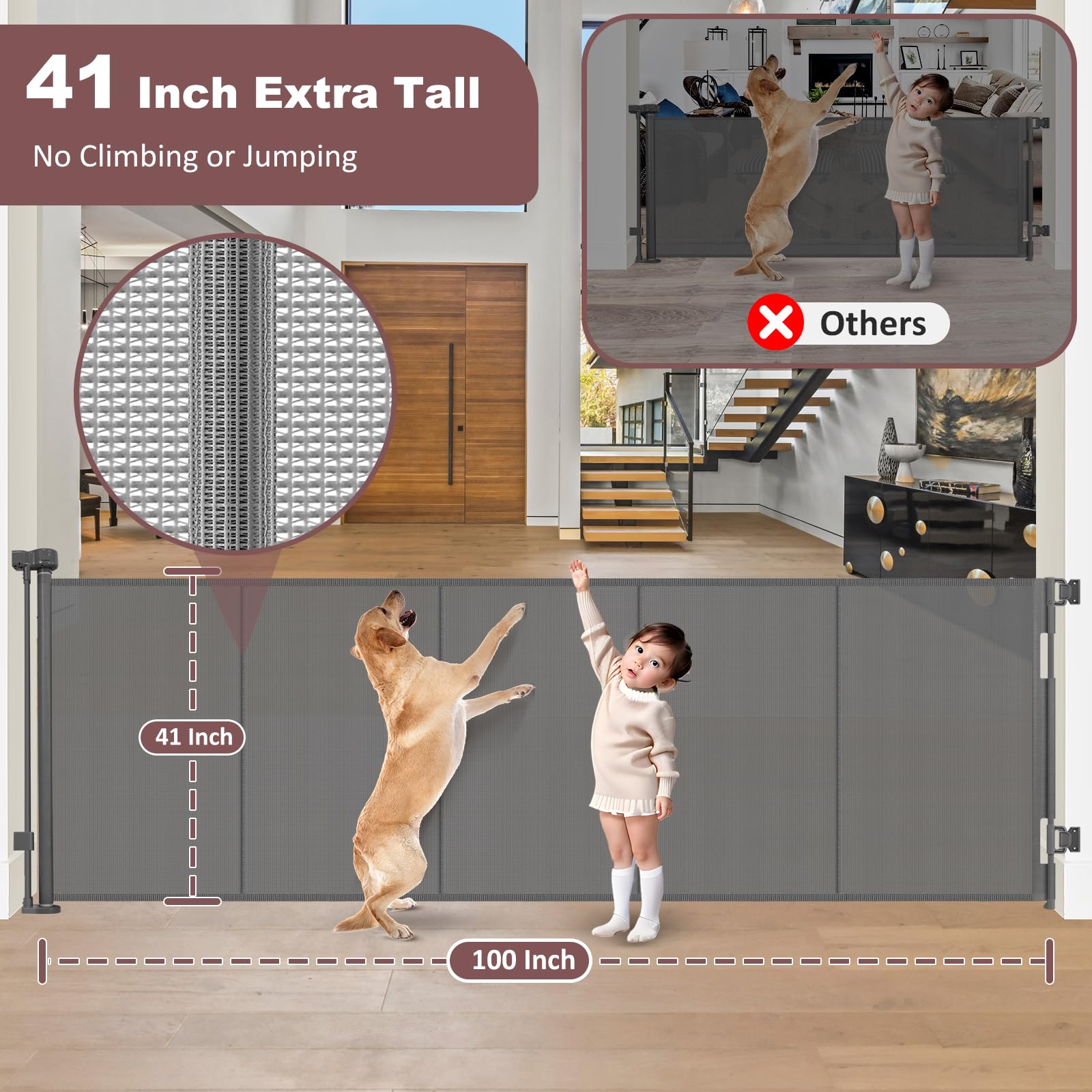 Reinforced 41'' Extra Tall Pet Gate 100'' Extra Wide Retractable Baby Gate with Support Rods, Indoor Large Baby Gate Mesh Dog Ga