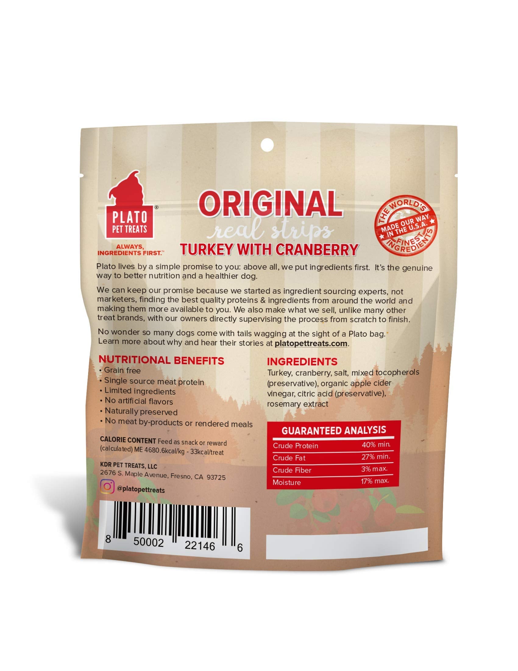 PLATO Turkey Real Strips Natural Dog Treats - Real Meat - Air Dried - Made in the USA - Turkey & Cranberry, 3 ounces