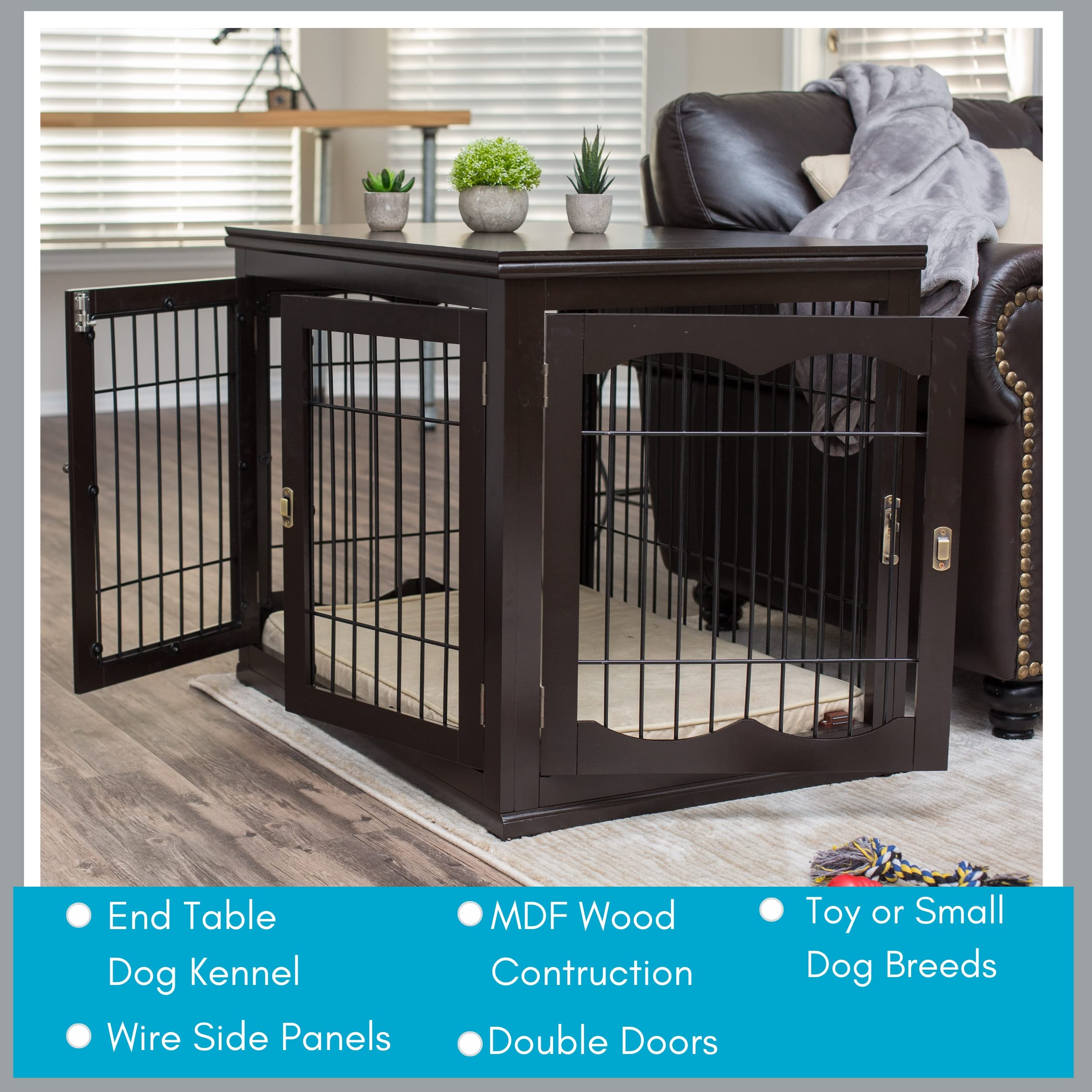 Internet'S Best Decorative Dog Kennel With Pet Bed, Small Pet House, Double Door Indoor Crate, Engineered Wood & Wire Furniture, Side Table & Nightstand, Fits Small Dogs - Espresso