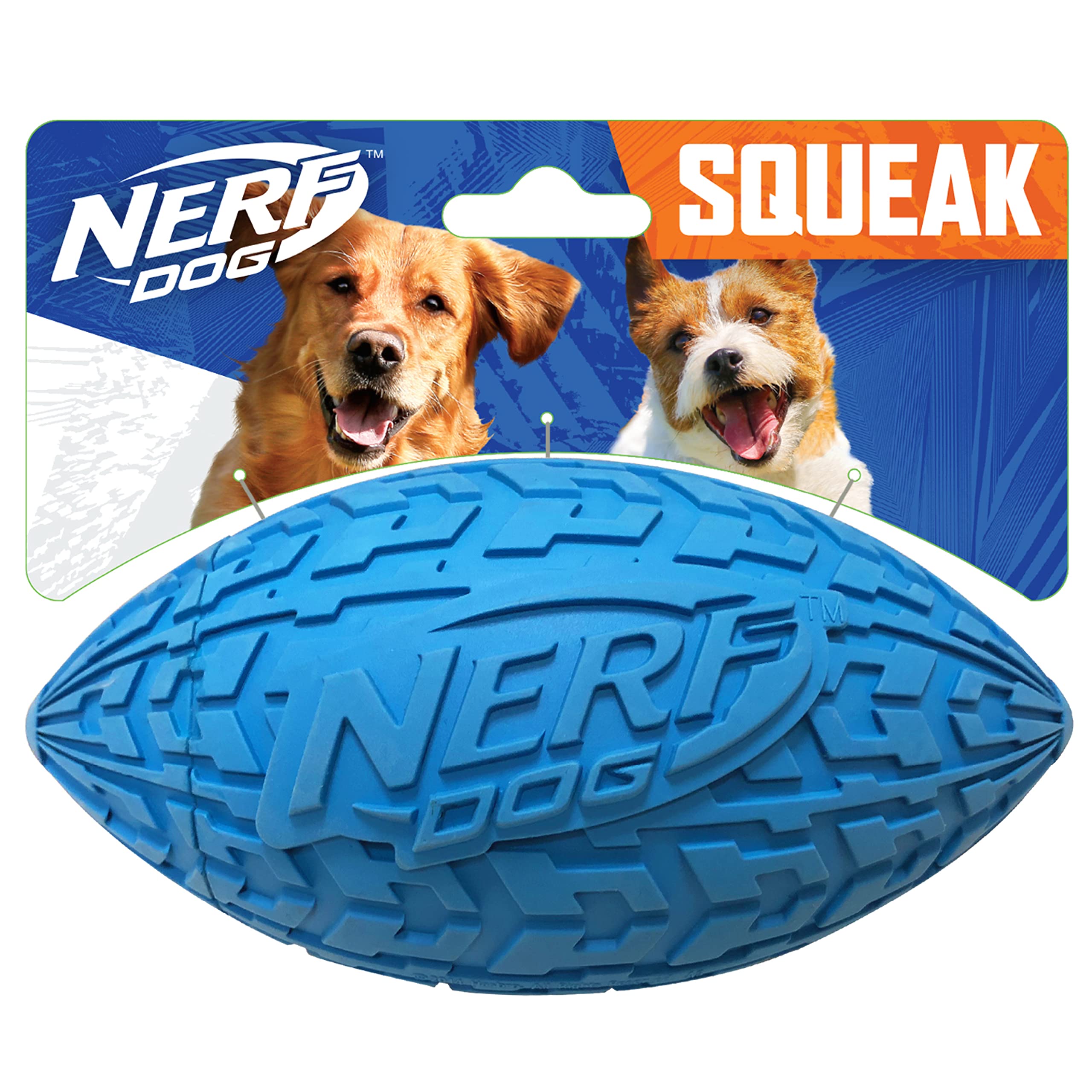 Nerf Dog Tire Football Dog Toy With Interactive Squeaker, Lightweight, Durable And Water Resistant, 6 Inch Diameter For Medium/Large Breeds, Single Unit, Blue (1571)