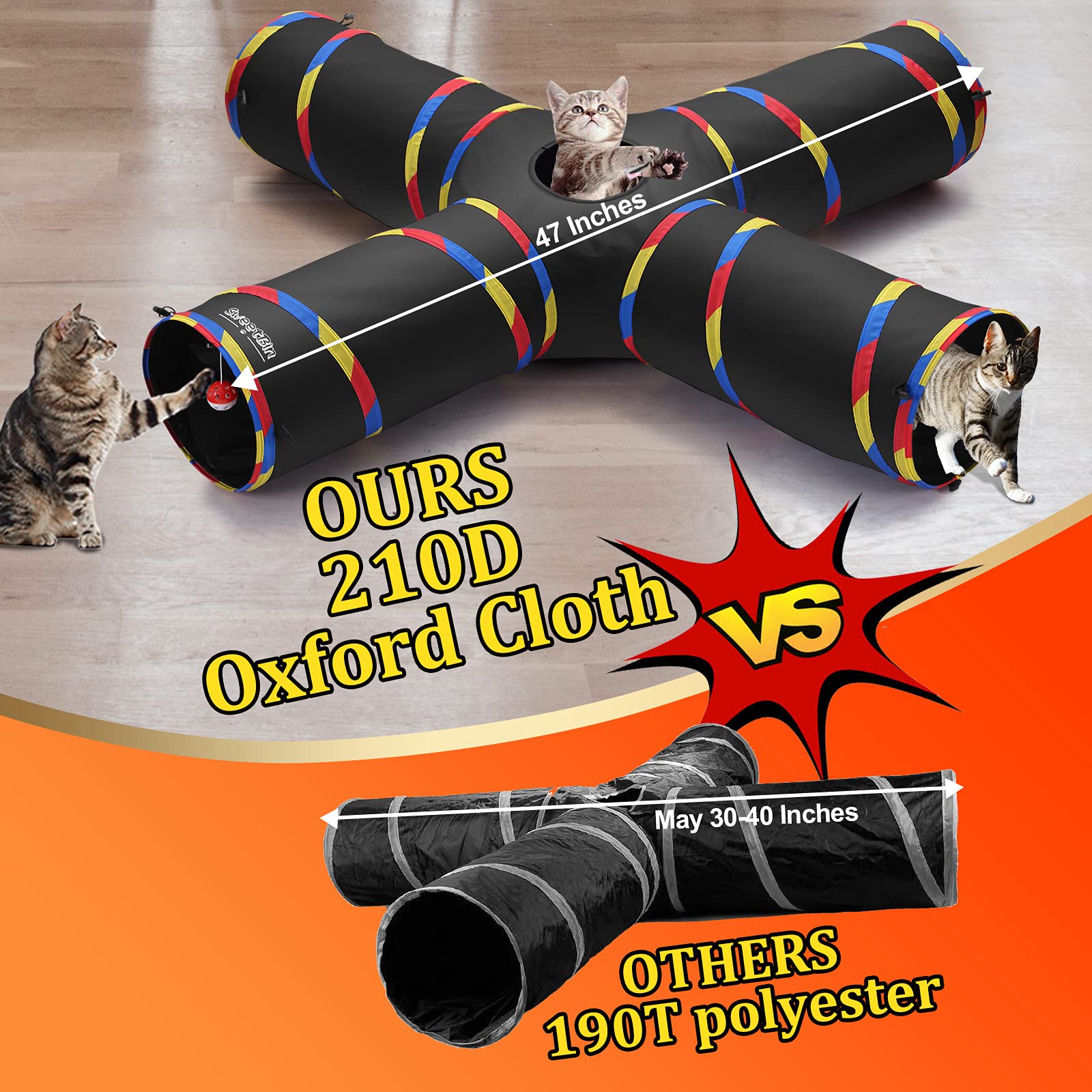 Sweetbin 4 Way Large Cat Tunnels For Indoor Cats - 10' Diameter & 47' Long Cat Play Tunnel Toy - Cat Tube With Play Ball & Mouse Toy - Interactive Peephole (Black)