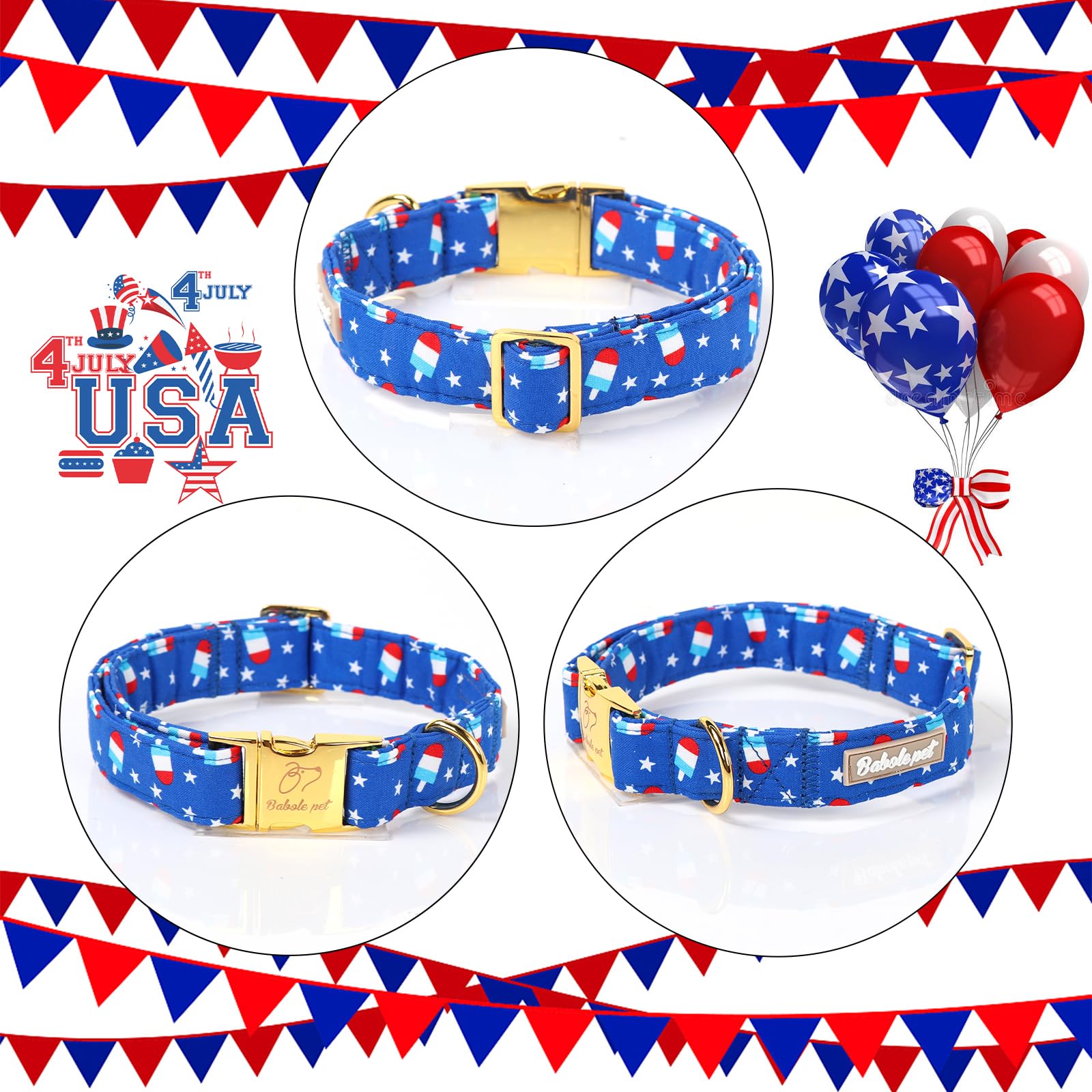 Babole Pet 4Th Of July Dog Collar, Blue Flag Popsicle Patriotic Pet Collar With Metal Buckel, Adjustable Summer Holiday Dog Coll